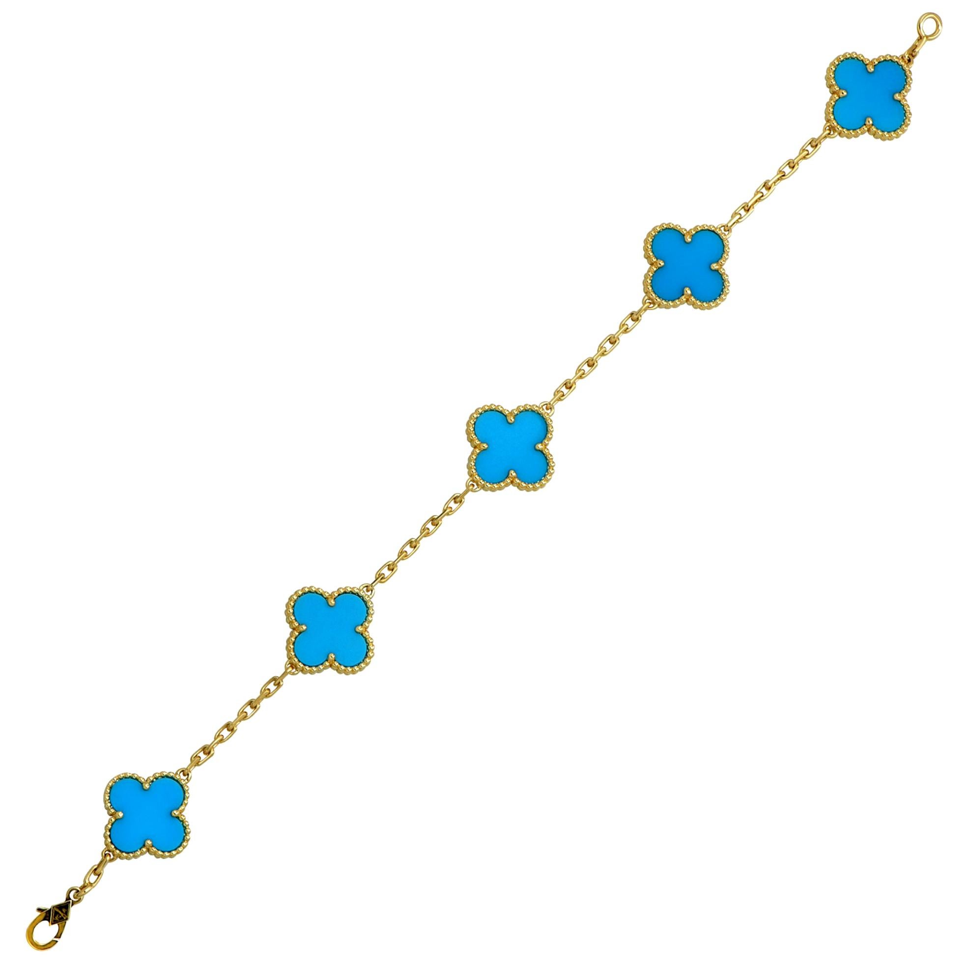 Van Cleef 
Arpels Vintage Alhambra Turquoise 18 Karat Yellow Gold Bracelet