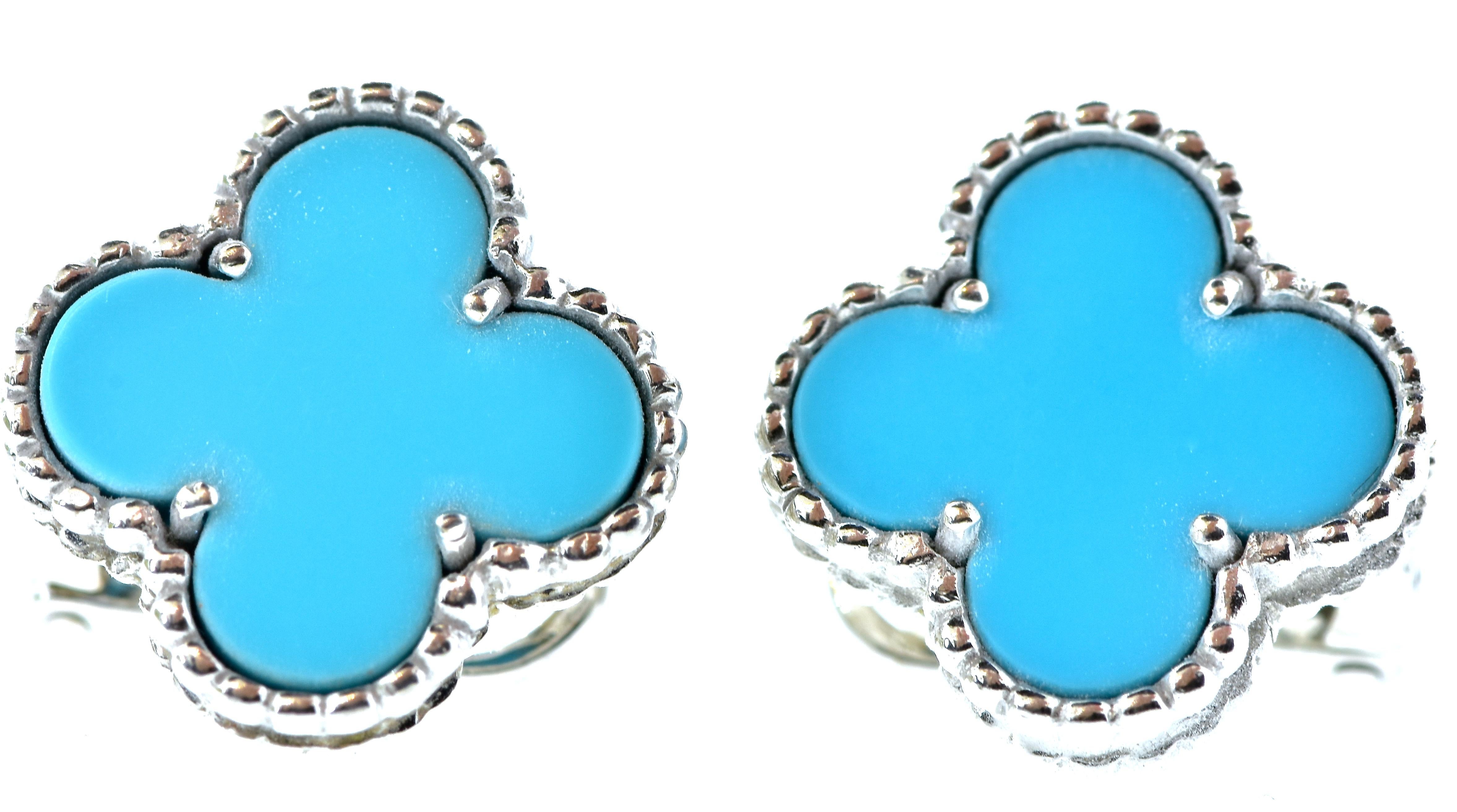 Van Cleef & Arpels vintage 15 mm. turquoise Alhambra earrings in like-new condition and accompanied with the original Van Cleef & Arpels pouch. 

These earrings, in this desirable size, with bright turquoise are rarest and certainly the most