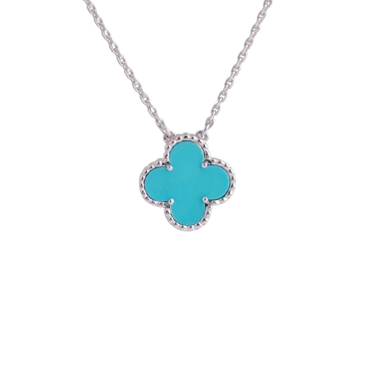 Uncut Van Cleef & Arpels Vintage Alhambra Turquoise 18K White Gold Pendant Necklace