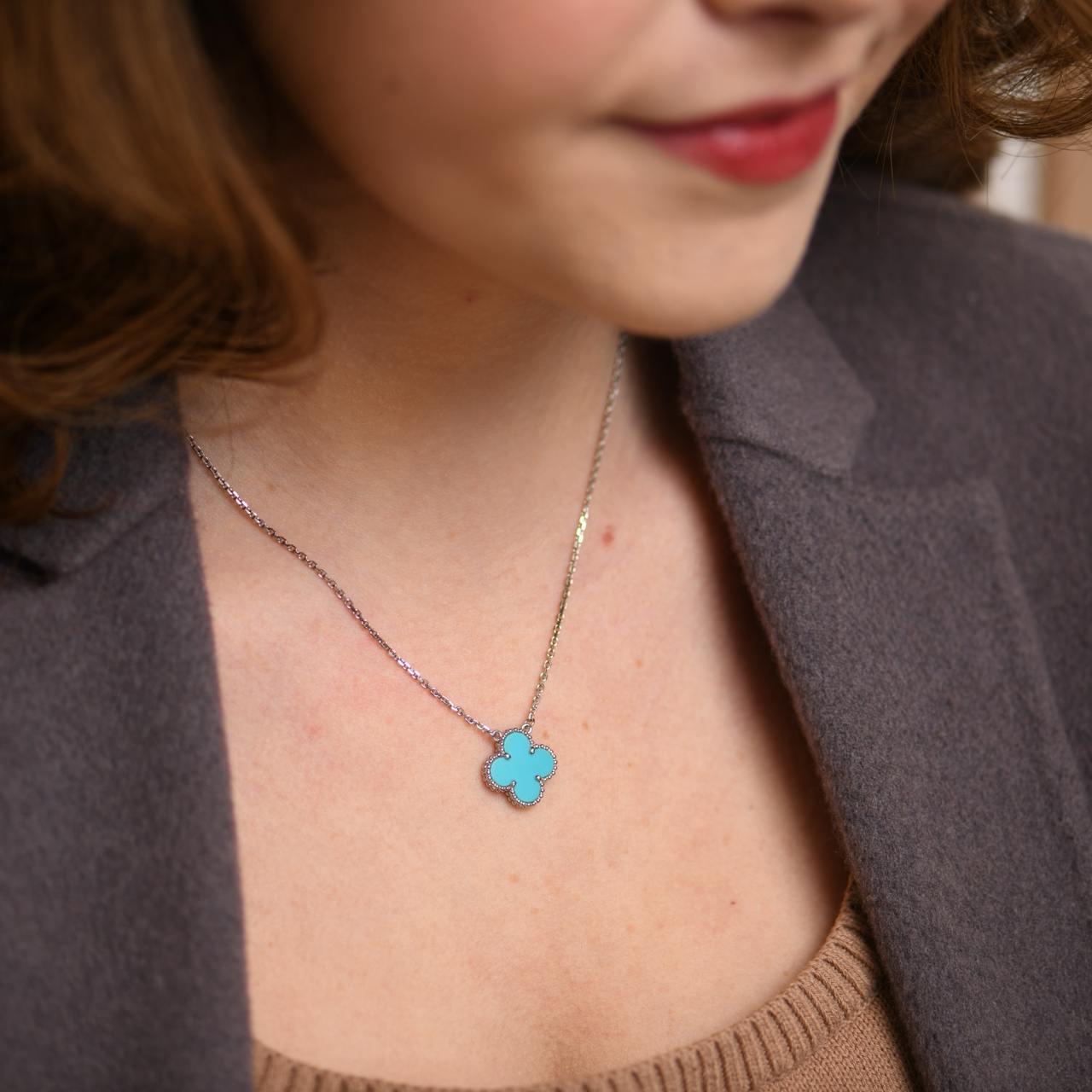 Uncut Van Cleef & Arpels Vintage Alhambra Turquoise 18K White Gold Pendant Necklace