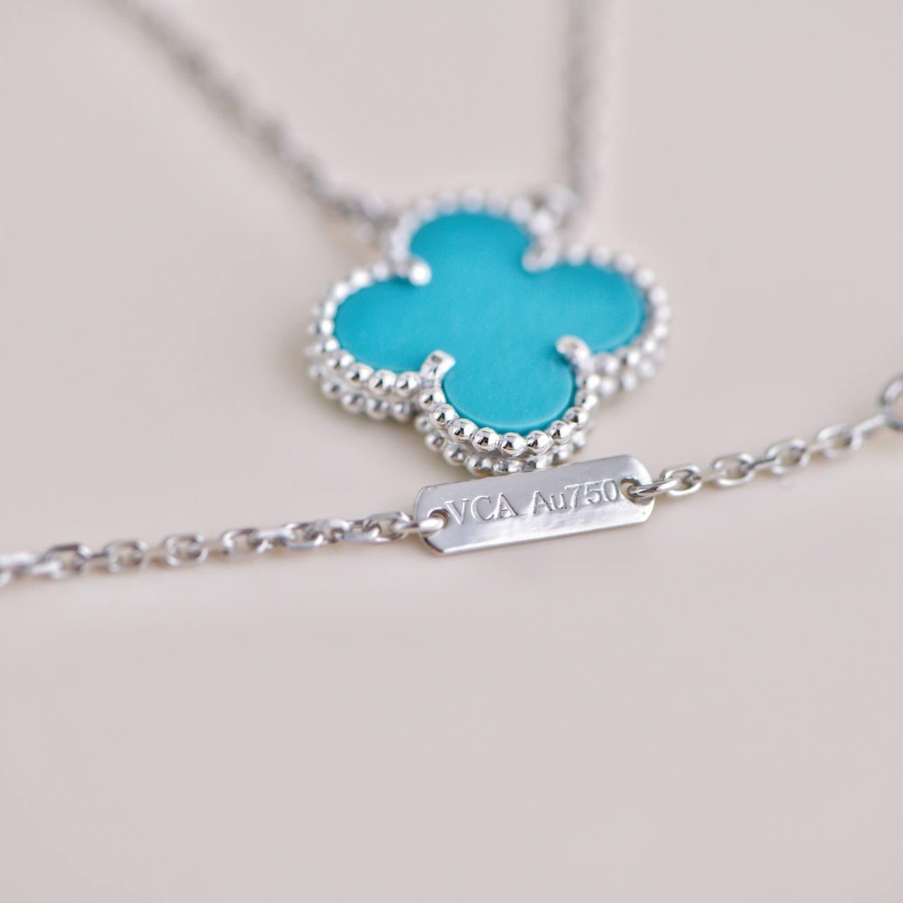 Van Cleef & Arpels Vintage Alhambra Turquoise 18K White Gold Pendant Necklace 2