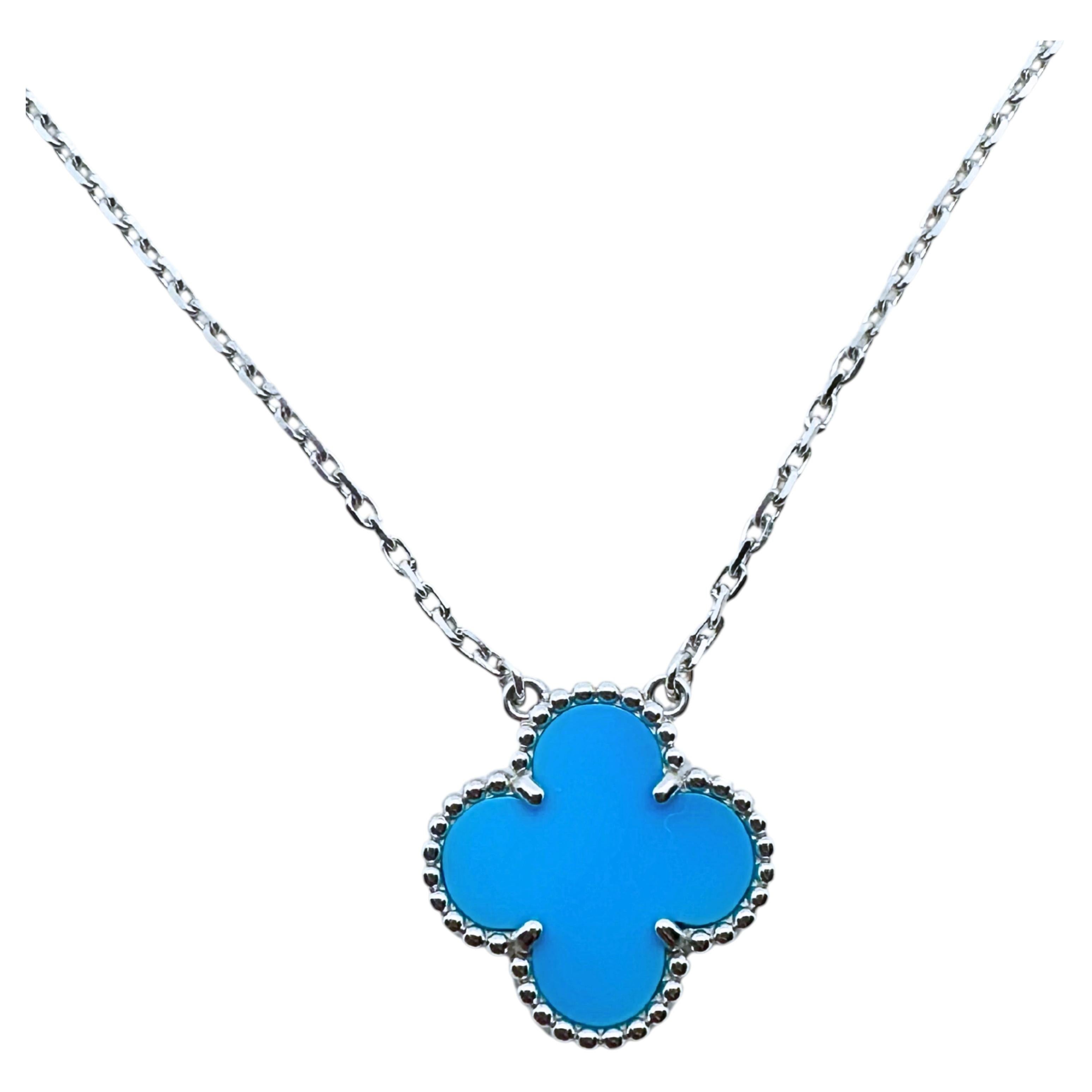 Van Cleef & Arpels Vintage Alhambra Turquoise 18K White Gold Pendant Necklace For Sale