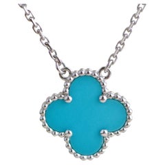 Van Cleef & Arpels Vintage Alhambra Turquoise 18K White Gold Pendant Necklace
