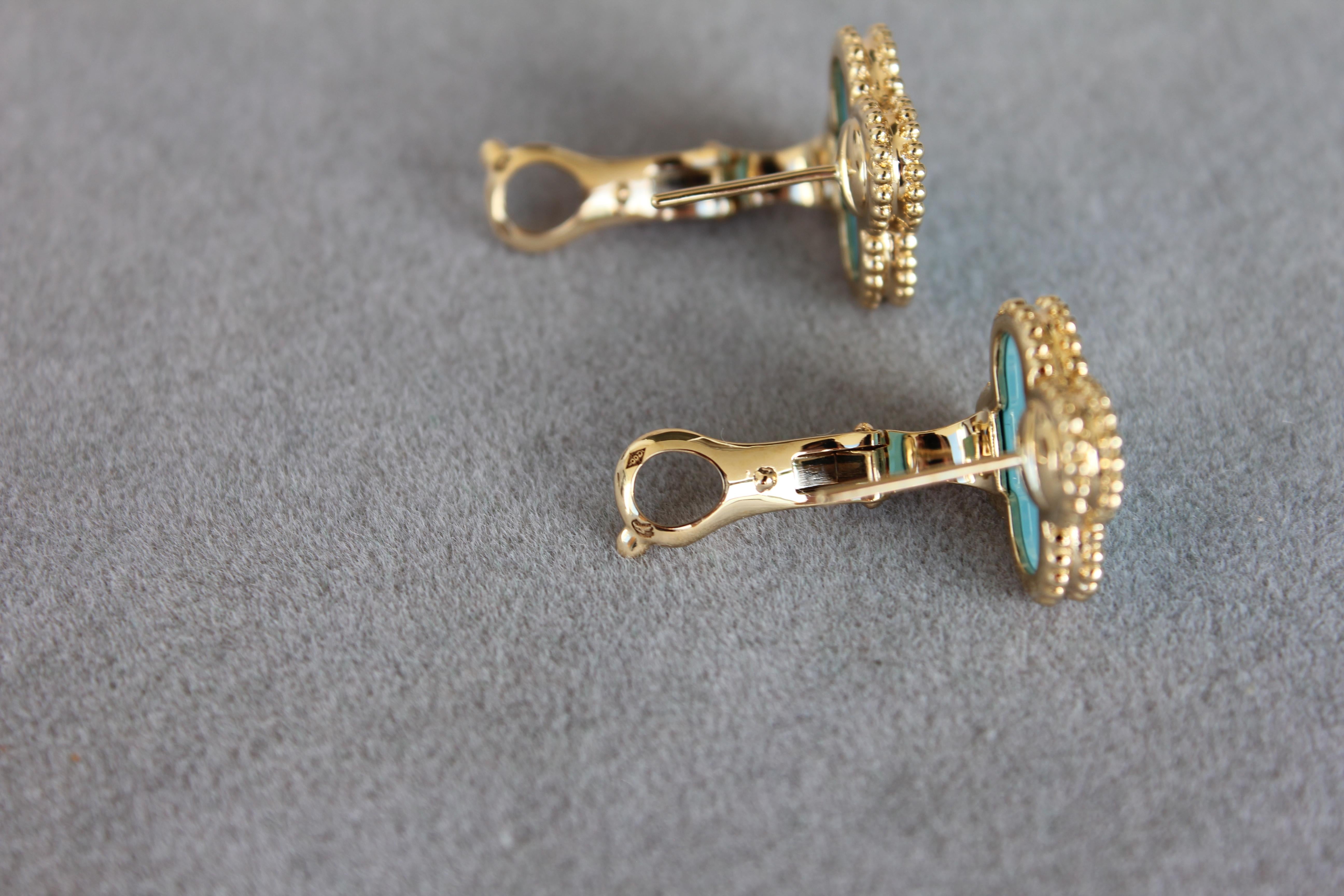 Van Cleef & Arpels Vintage Alhambra Turquoise 18K Yellow Gold Estate Earrings 4
