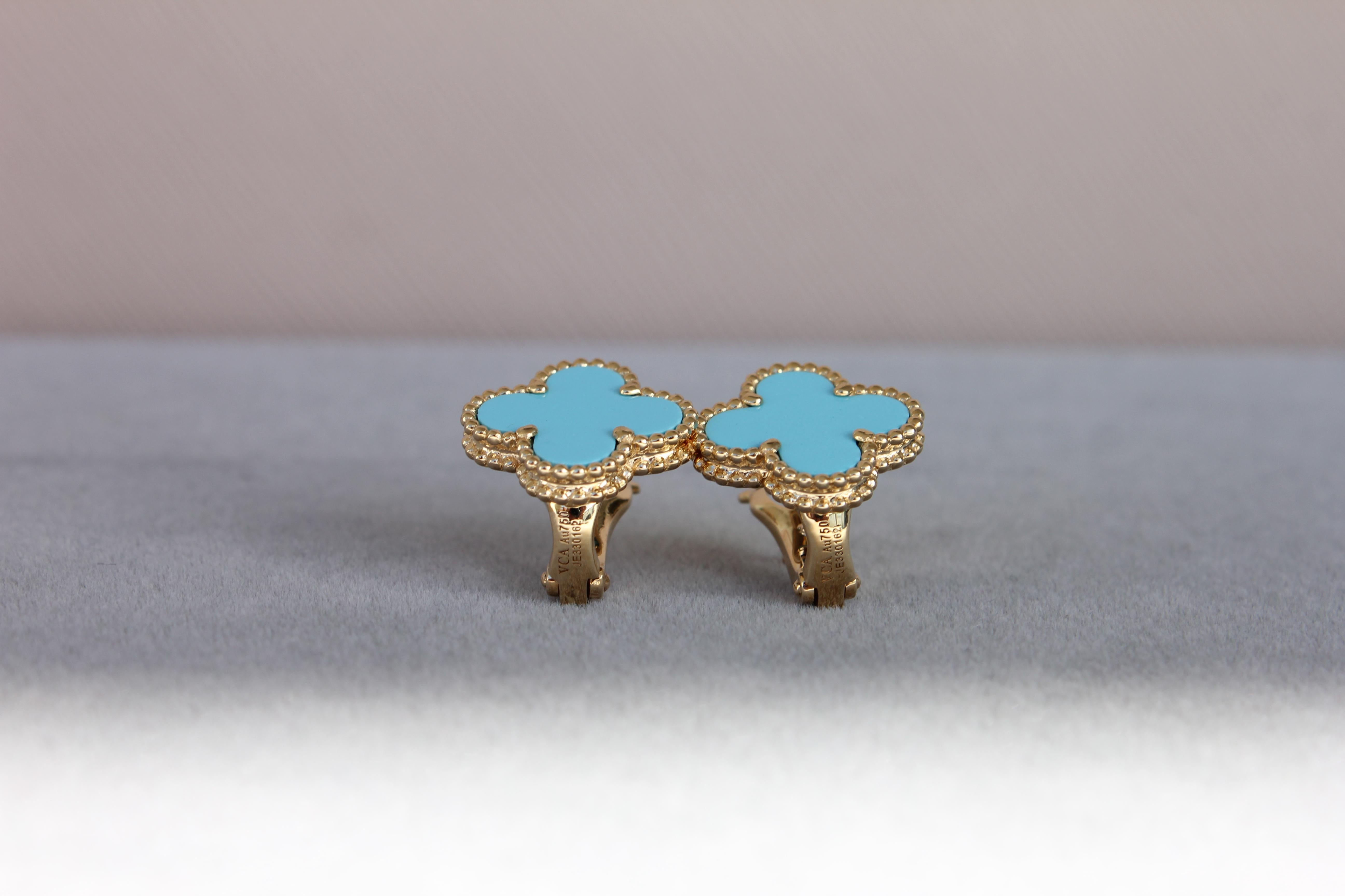 Modern Van Cleef & Arpels Vintage Alhambra Turquoise 18K Yellow Gold Estate Earrings