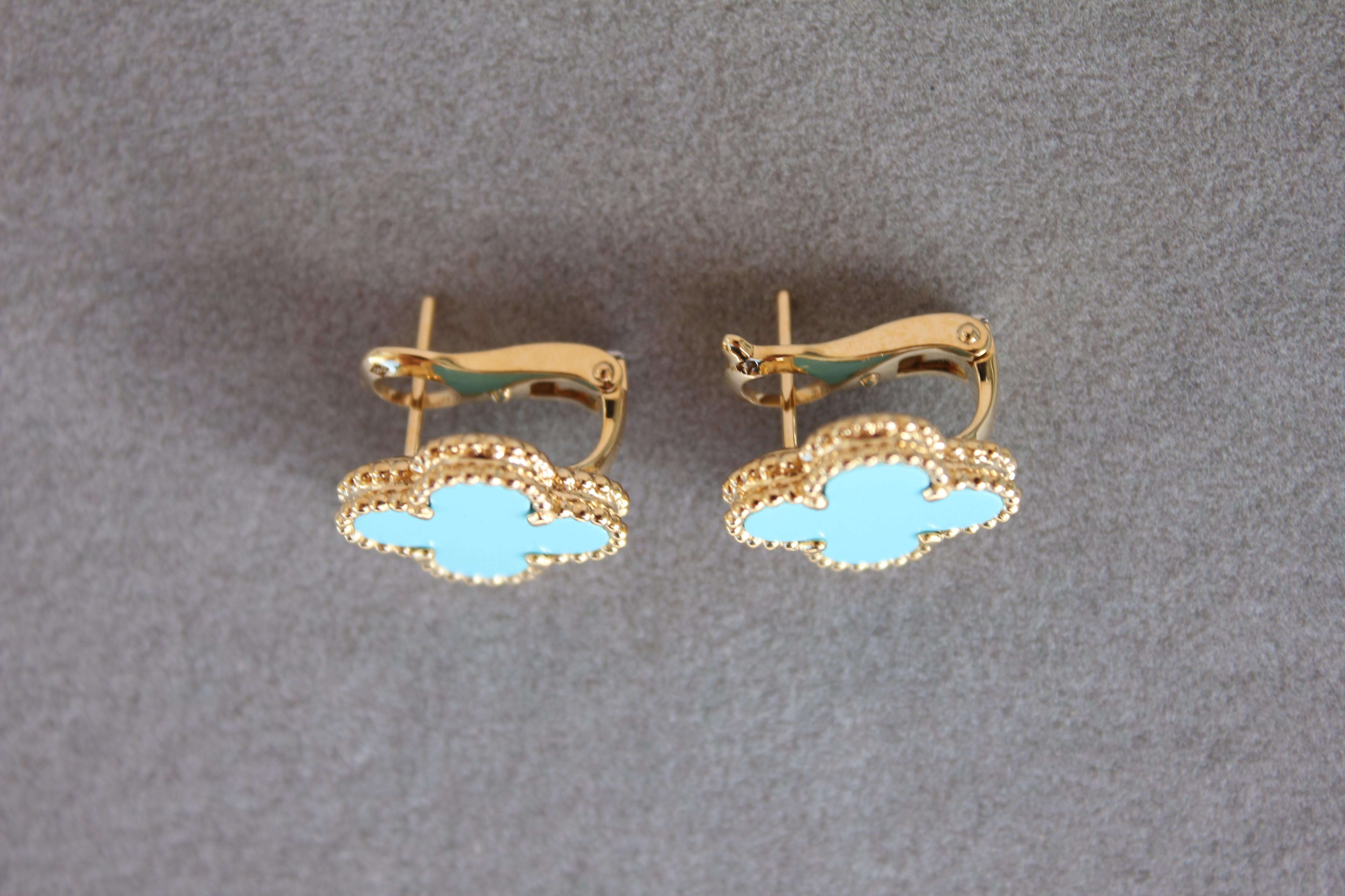 Cabochon Van Cleef & Arpels Vintage Alhambra Turquoise 18K Yellow Gold Estate Earrings