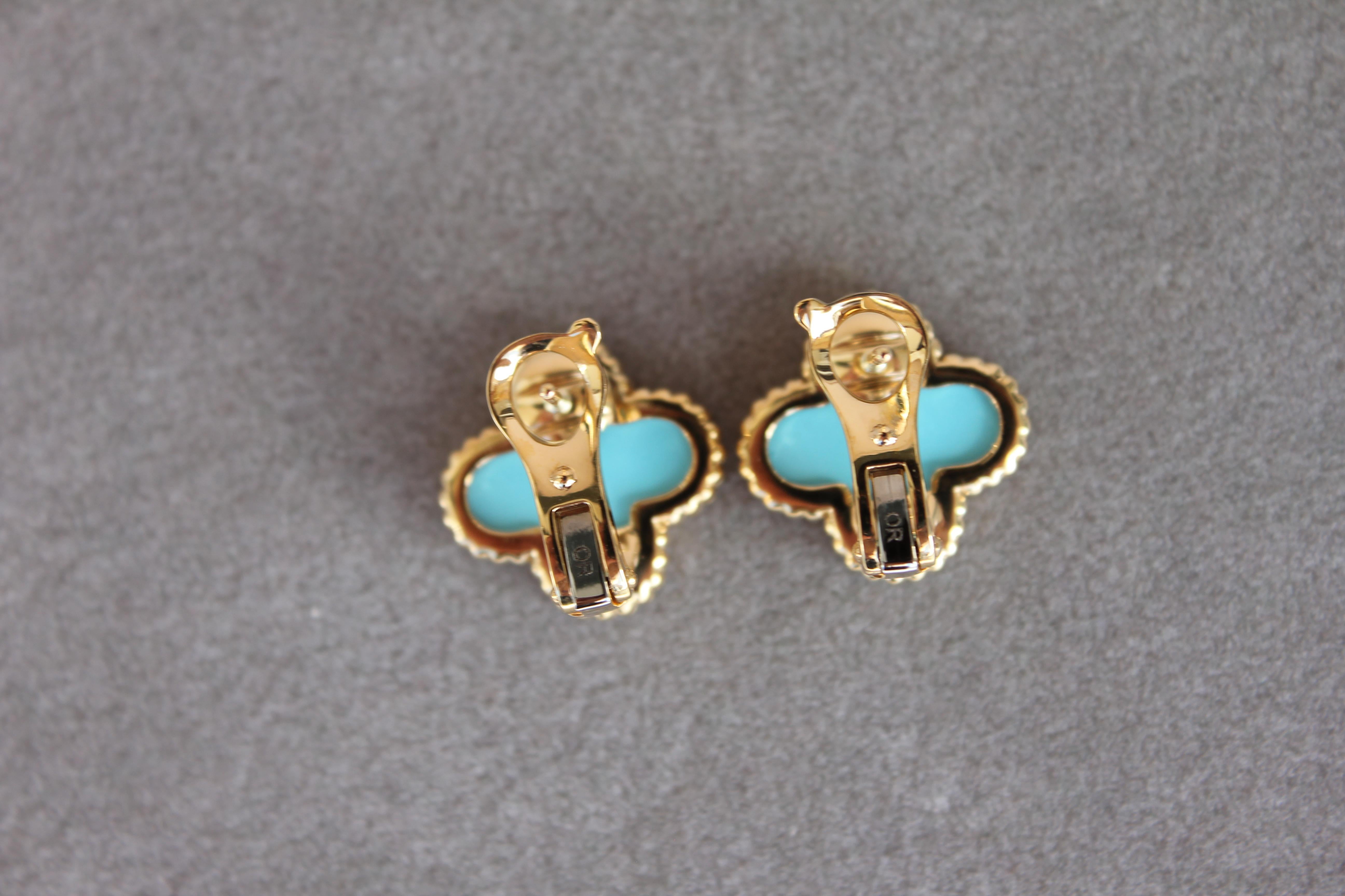 Women's or Men's Van Cleef & Arpels Vintage Alhambra Turquoise 18K Yellow Gold Estate Earrings