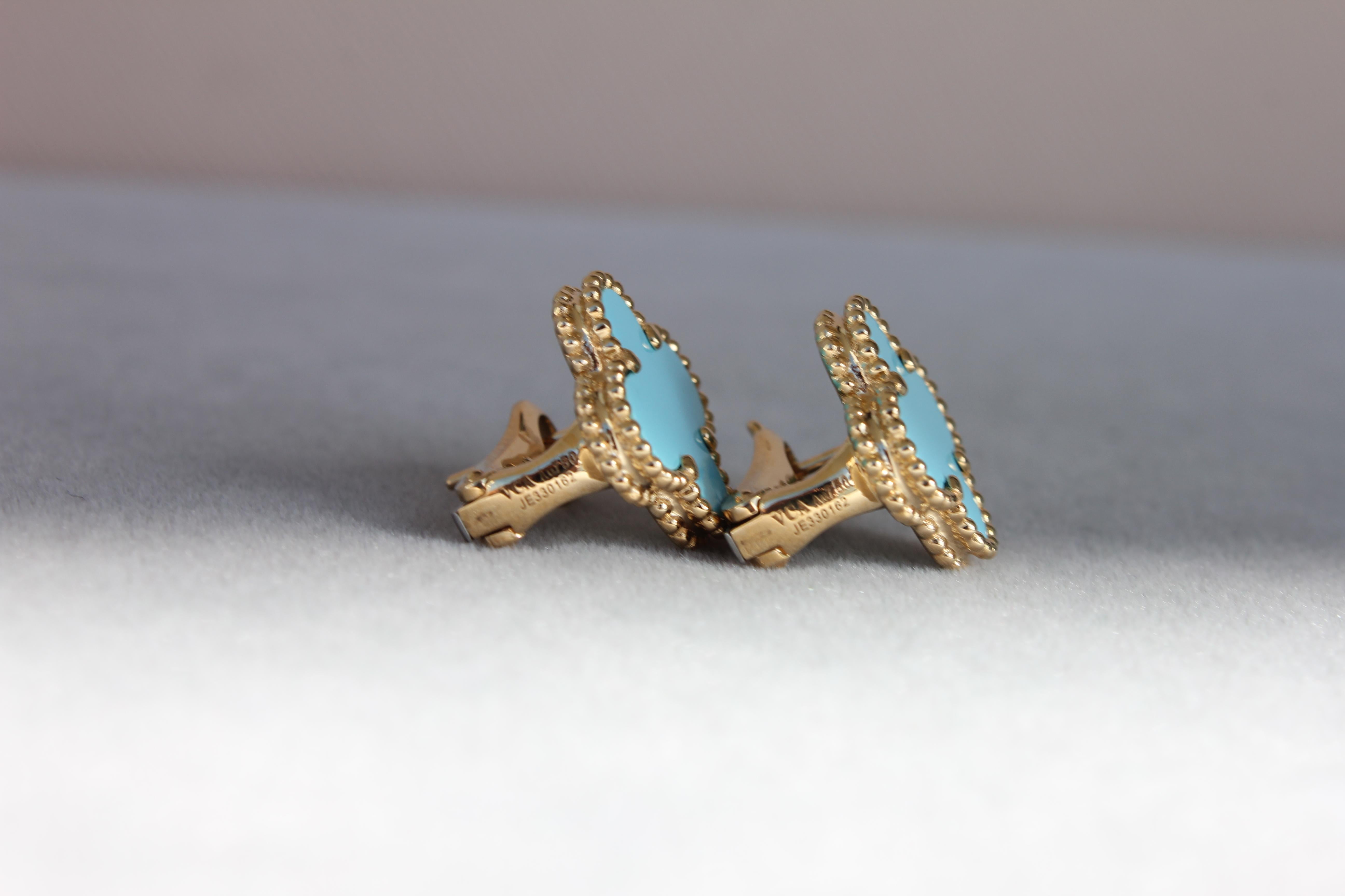 Van Cleef & Arpels Vintage Alhambra Turquoise 18K Yellow Gold Estate Earrings 1