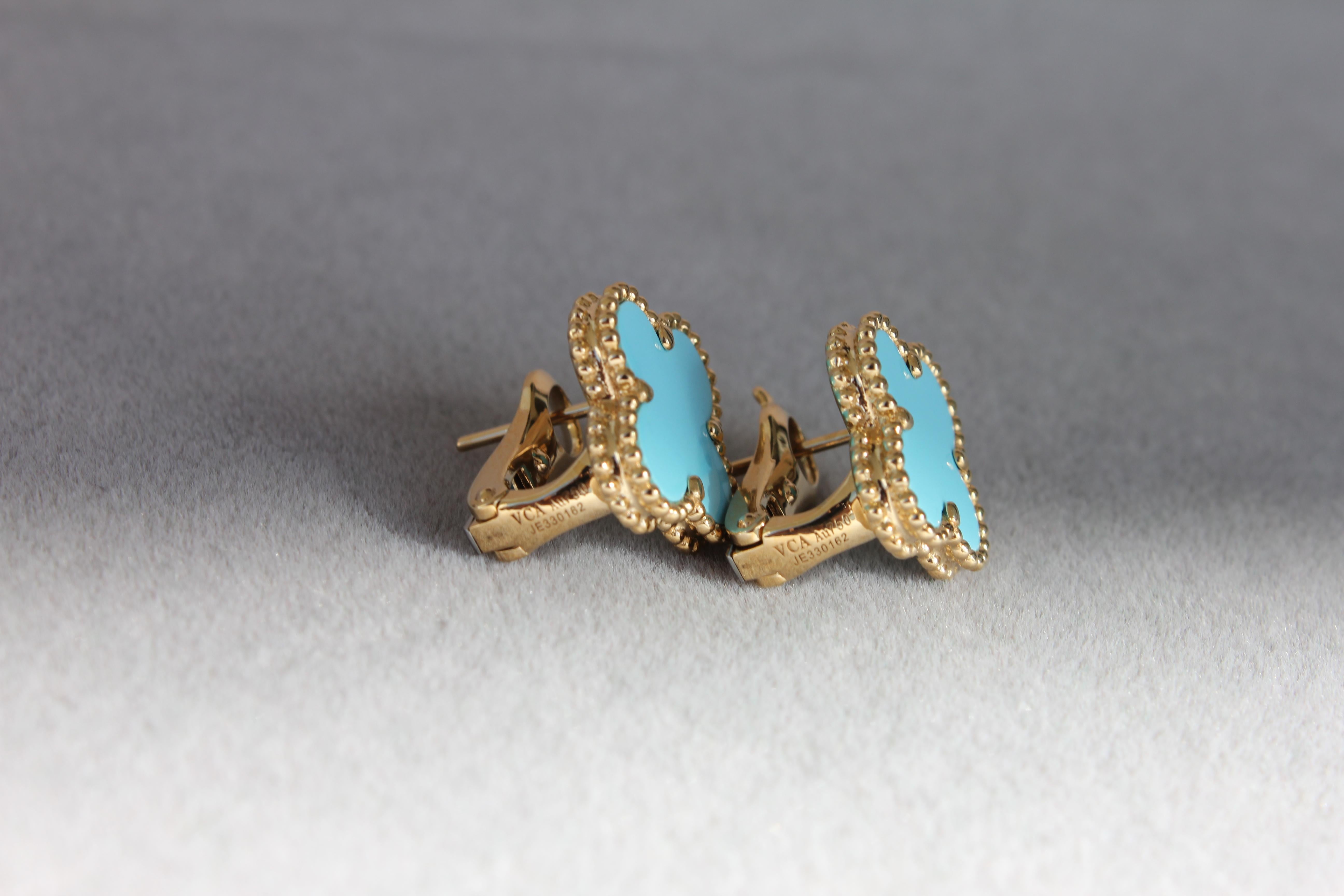 Van Cleef & Arpels Vintage Alhambra Turquoise 18K Yellow Gold Estate Earrings 2