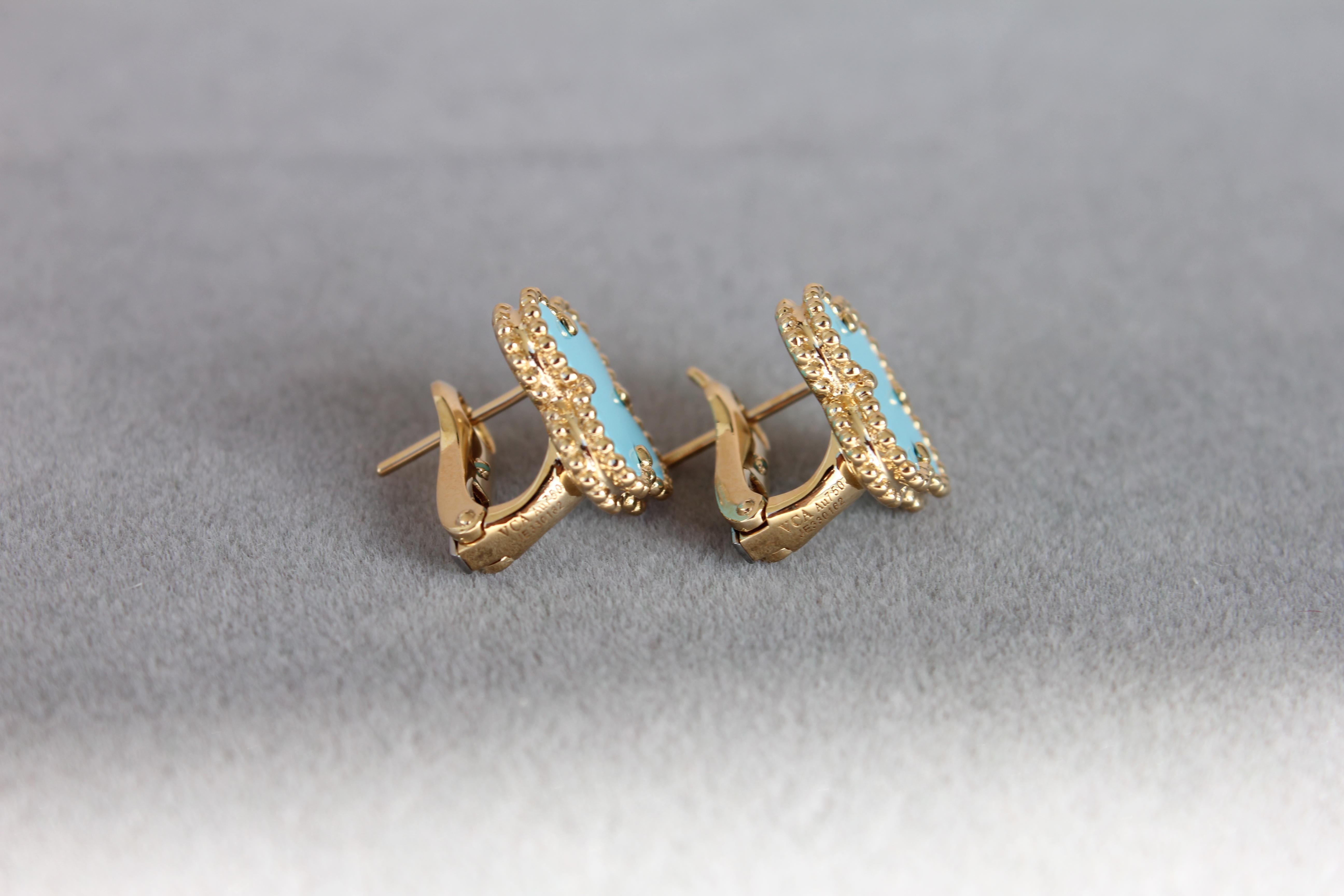 Van Cleef & Arpels Vintage Alhambra Turquoise 18K Yellow Gold Estate Earrings 3
