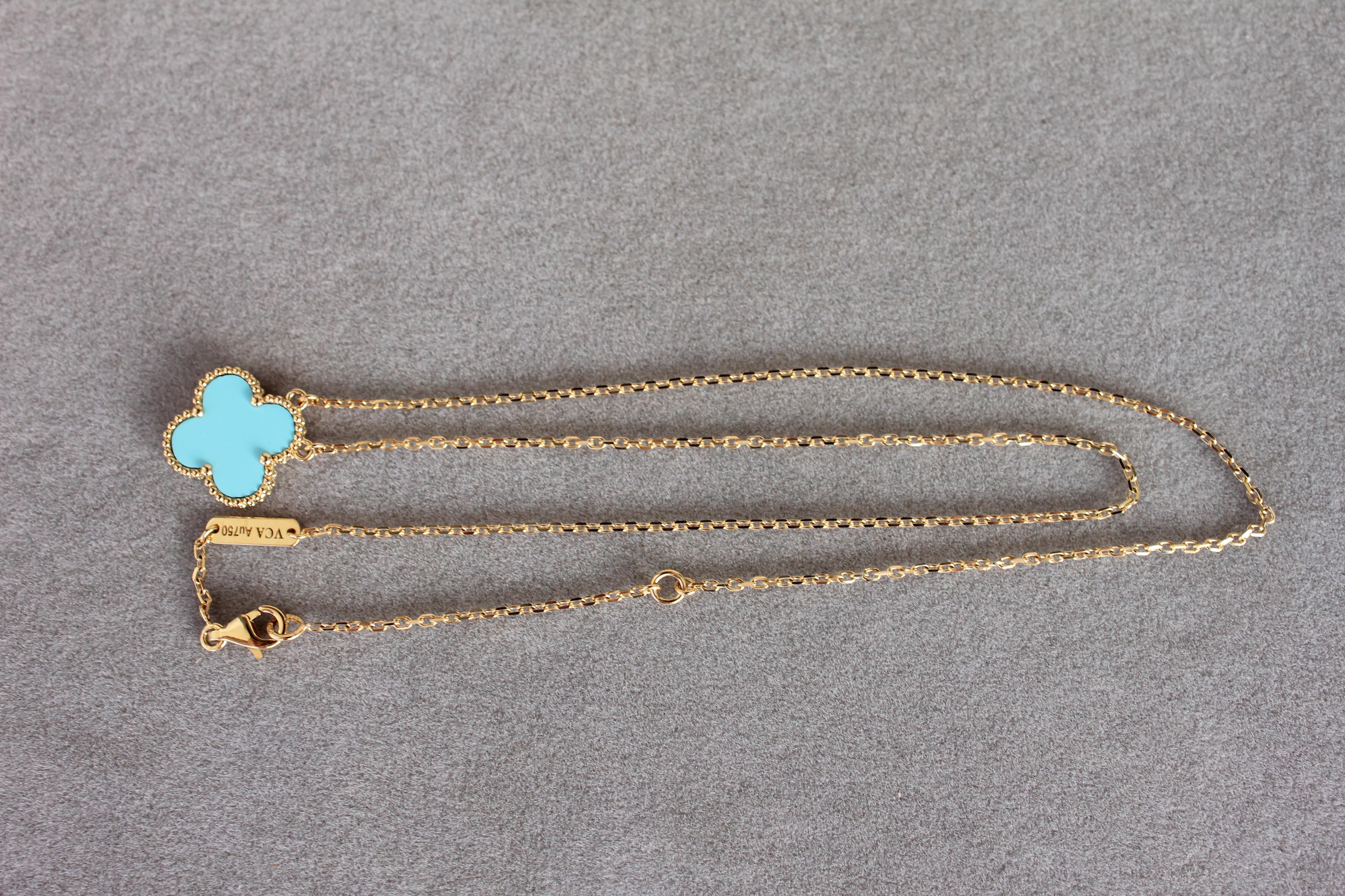 Modern Van Cleef & Arpels Vintage Alhambra Turquoise 18K Yellow Gold Necklace Pendant