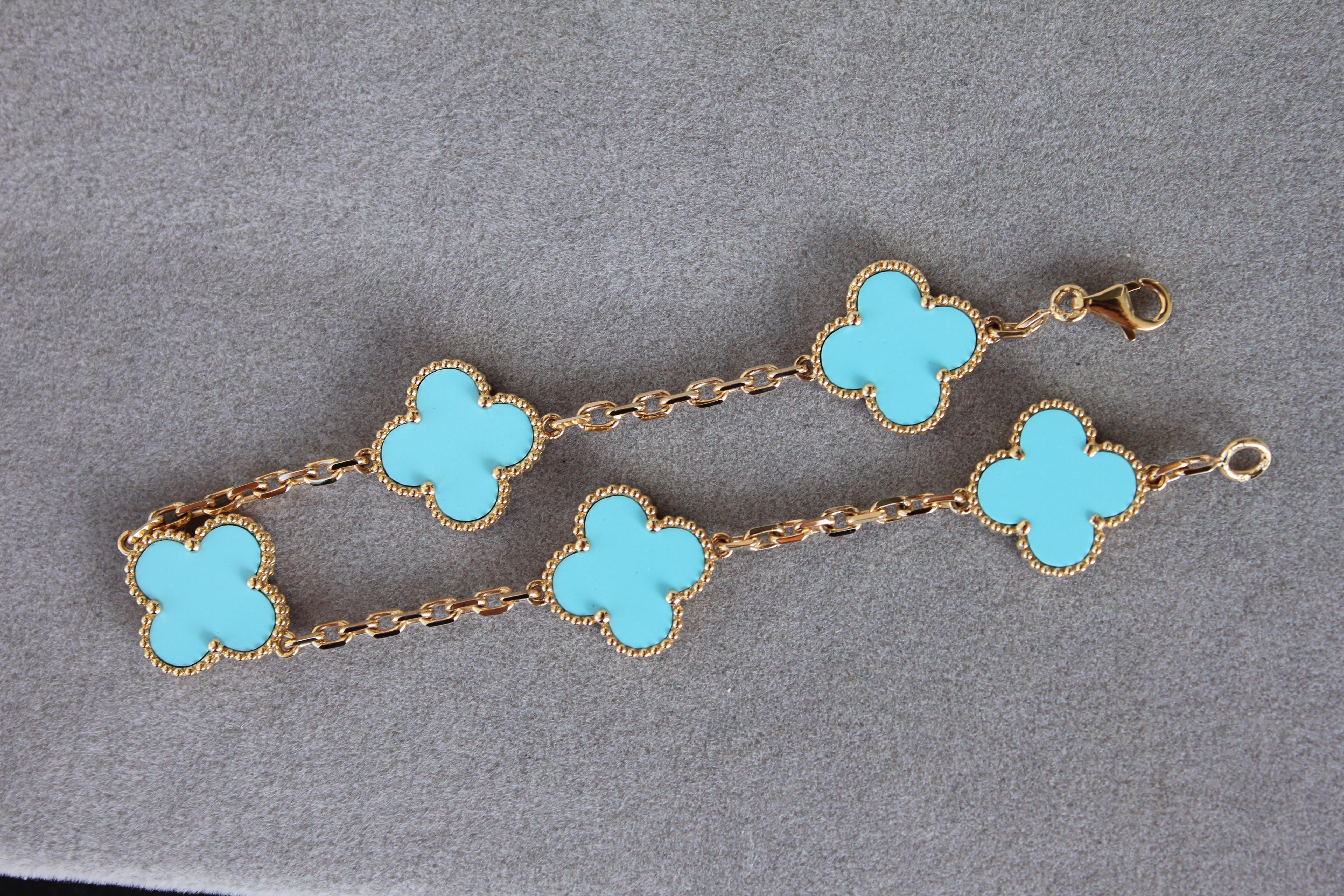 Van Cleef & Arpels Vintage Alhambra Turquoise 18K Yellow Gold Rare Bracelet 3