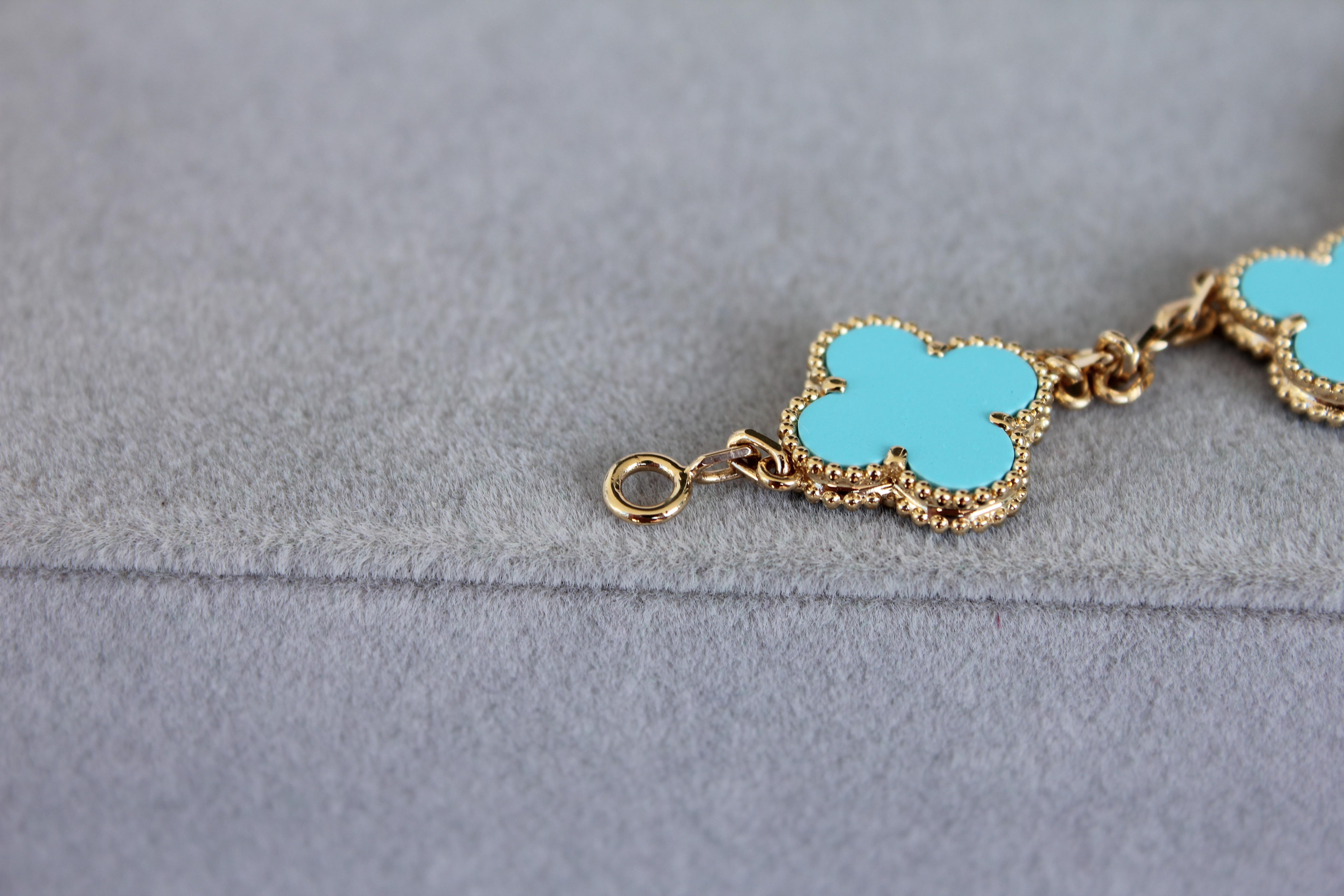 Van Cleef & Arpels Vintage Alhambra Turquoise 18K Yellow Gold Rare Bracelet 7