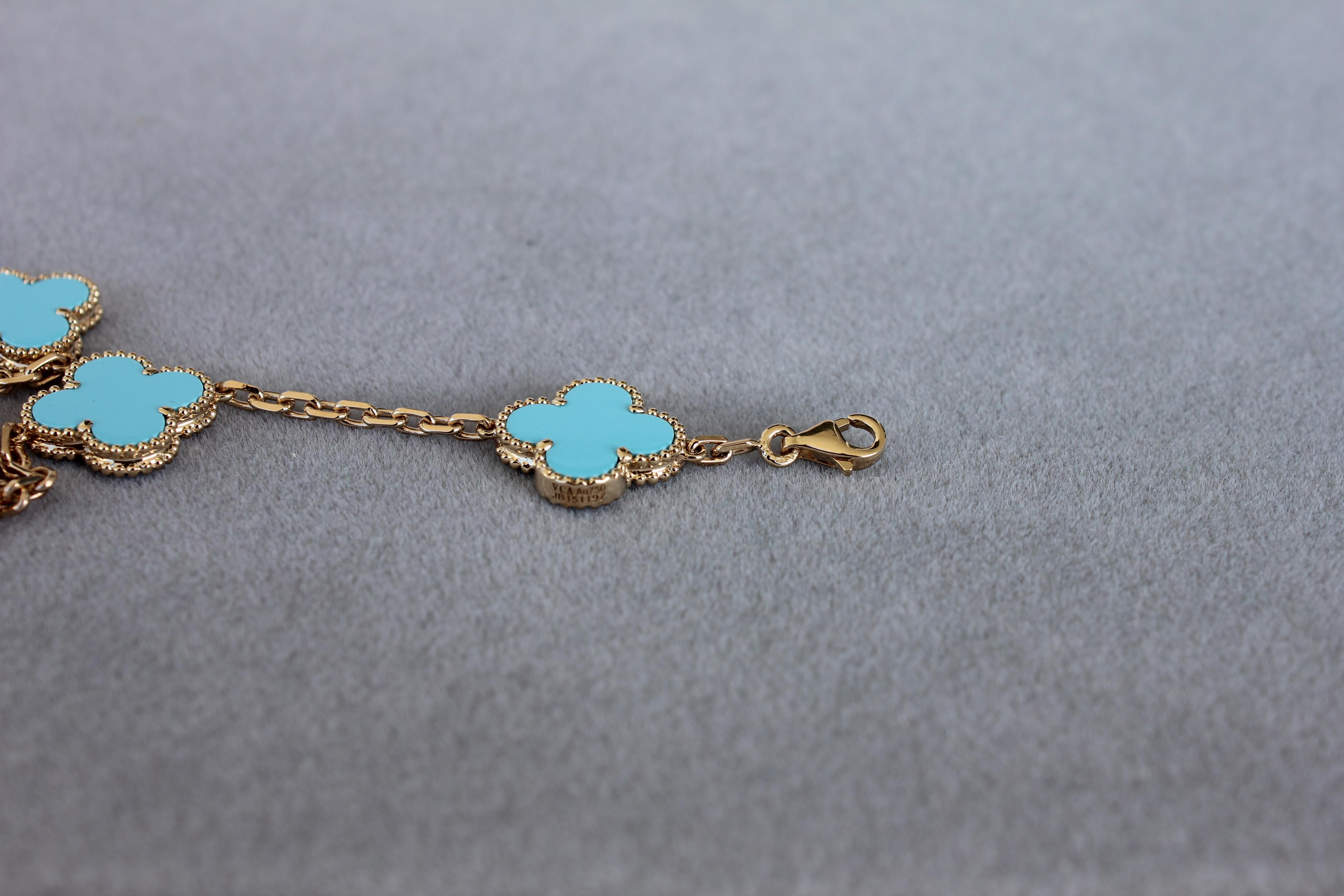 Van Cleef & Arpels Vintage Alhambra Turquoise 18K Yellow Gold Rare Bracelet 11