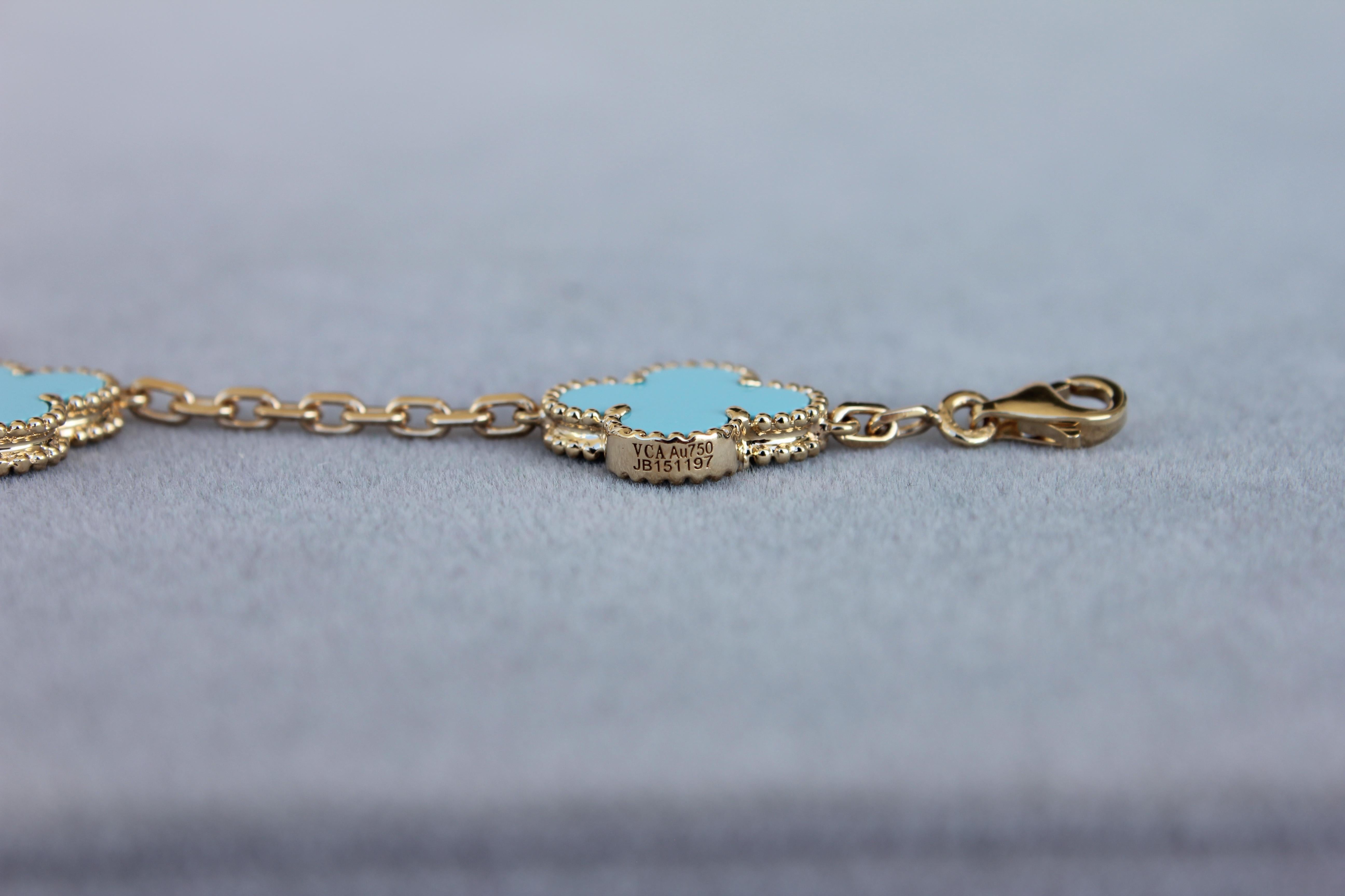 Van Cleef & Arpels Vintage Alhambra Turquoise 18K Yellow Gold Rare Bracelet 12