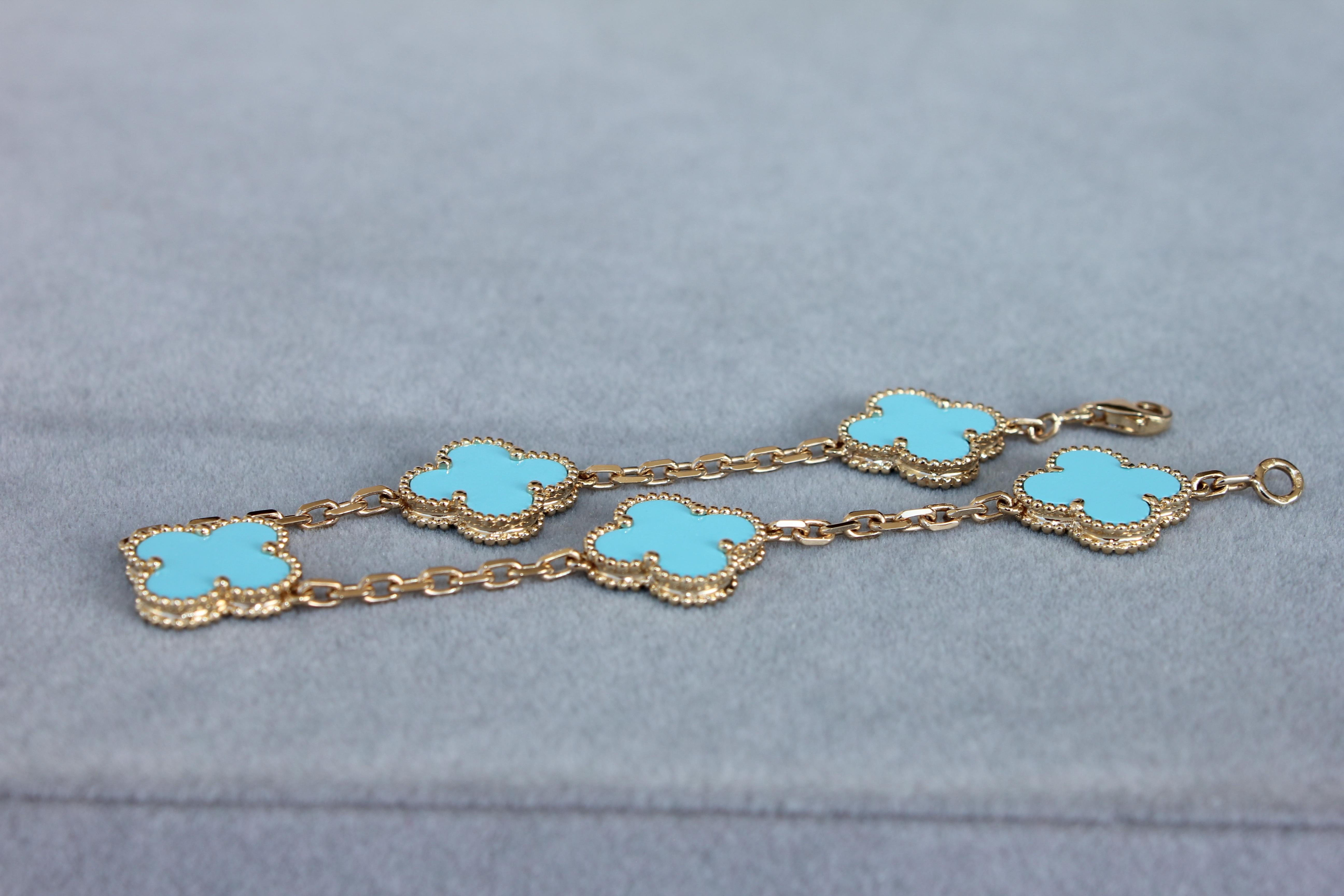 Van Cleef & Arpels Vintage Alhambra Turquoise 18K Yellow Gold Rare Bracelet 2