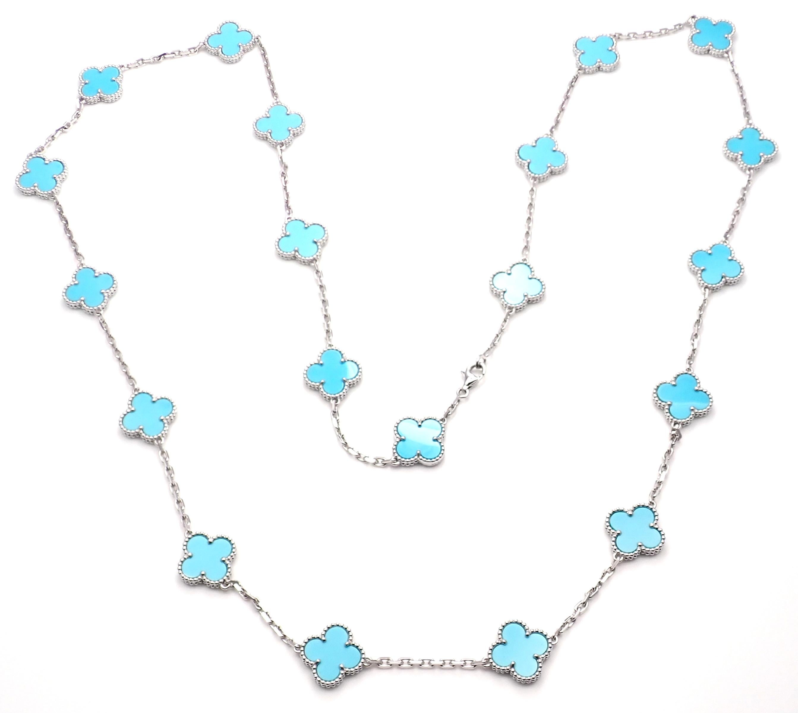 18k White Gold Alhambra 20 Motifs Turquoise Necklace by Van Cleef & Arpels. 
This necklace comes with Van Cleef & Arpels a certificate, sales receipt and a box.
With 20 motifs of turquoise alhambra stones 15mm each
Details: 
Length: 33.5''
Width: