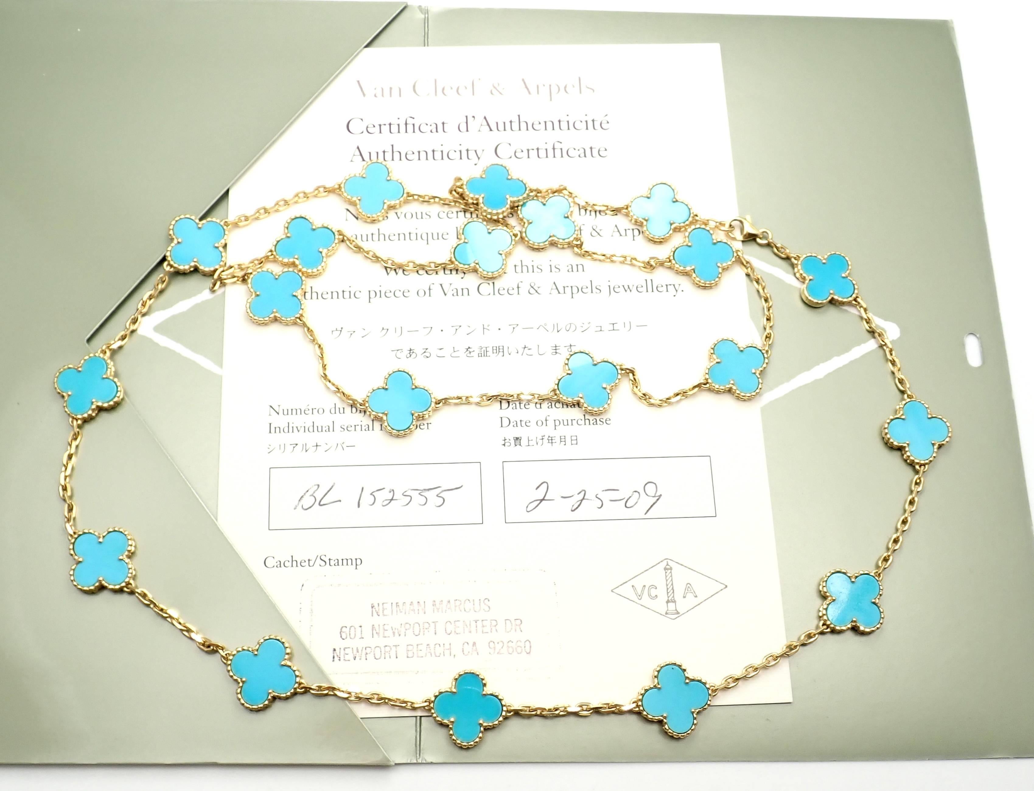 Van Cleef & Arpels Vintage Alhambra Turquoise 20 Motif Yellow Gold Necklace 3