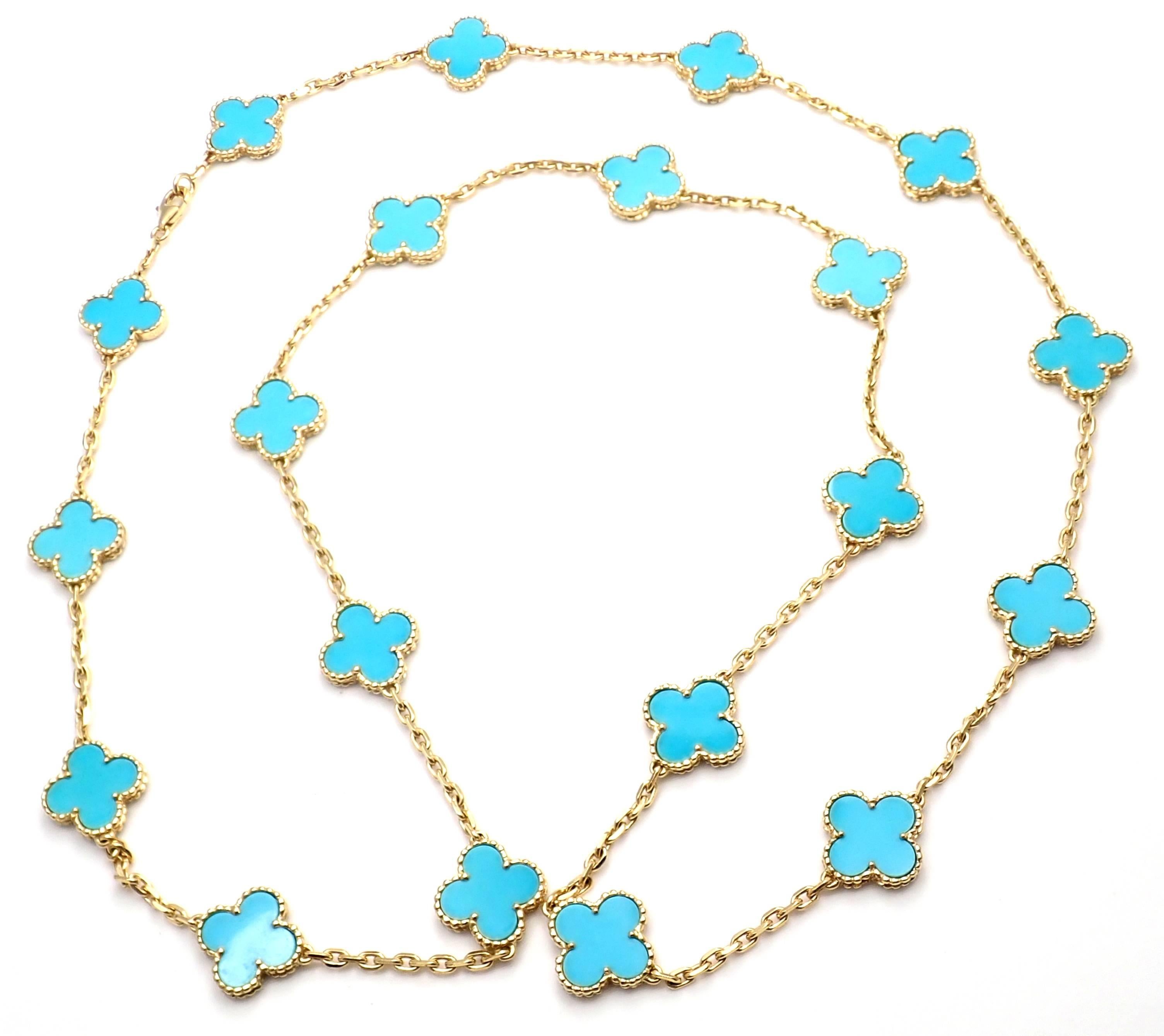 18k Yellow Gold Alhambra 20 Motifs Turquoise Necklace by Van Cleef & Arpels. 
This necklace comes with a Van Cleef & Arpels certificate from VCA store and a box.
With 20 motifs of turquoise alhambra stones 15mm each
Details: 
Length: 32.5
