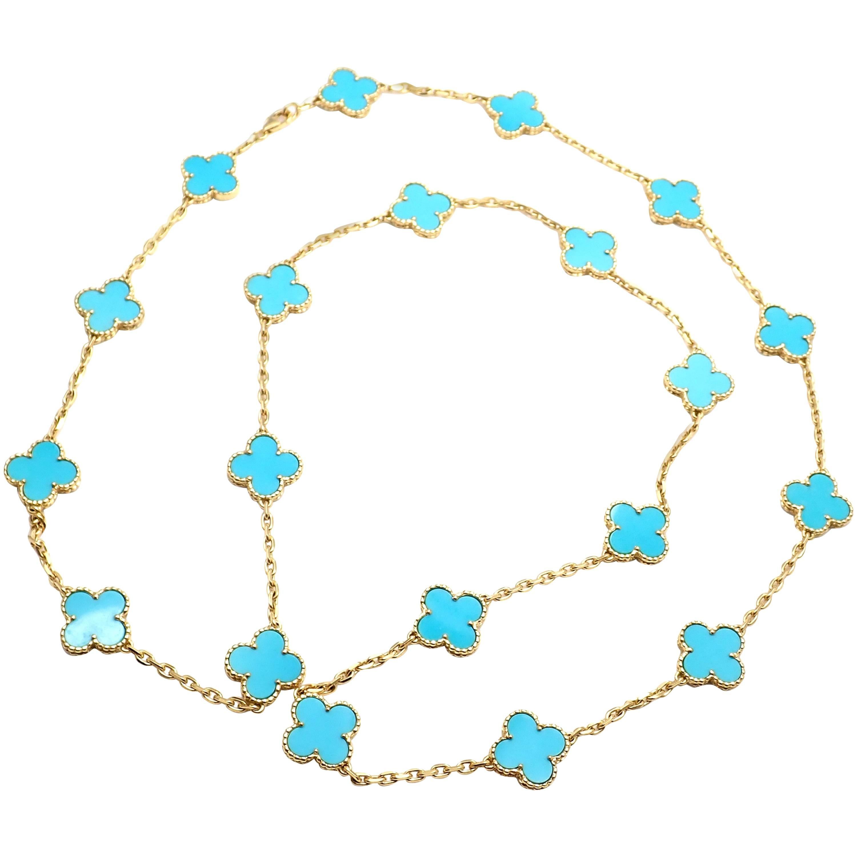 Van Cleef & Arpels Vintage Alhambra Turquoise 20 Motif Yellow Gold Necklace