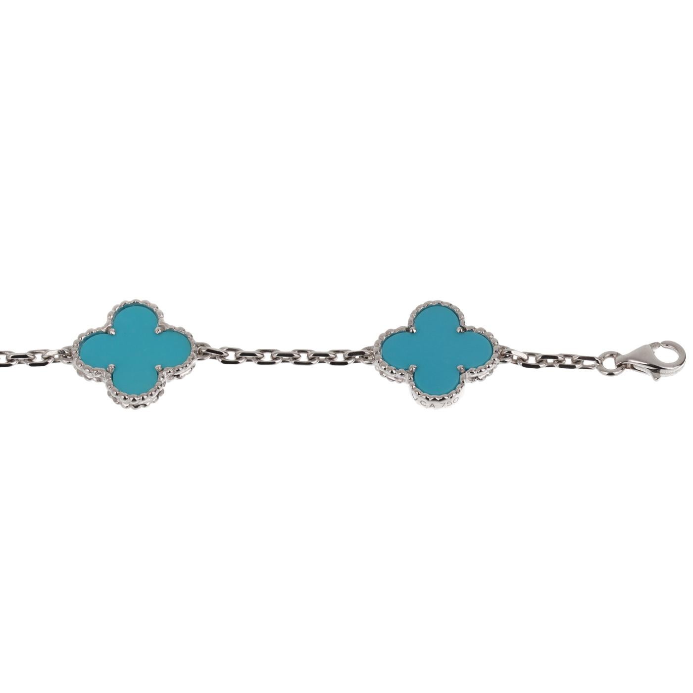 Van Cleef & Arpels Vintage Alhambra Türkis 5 Motiv Armband 18K Weißgold (Perle) im Angebot