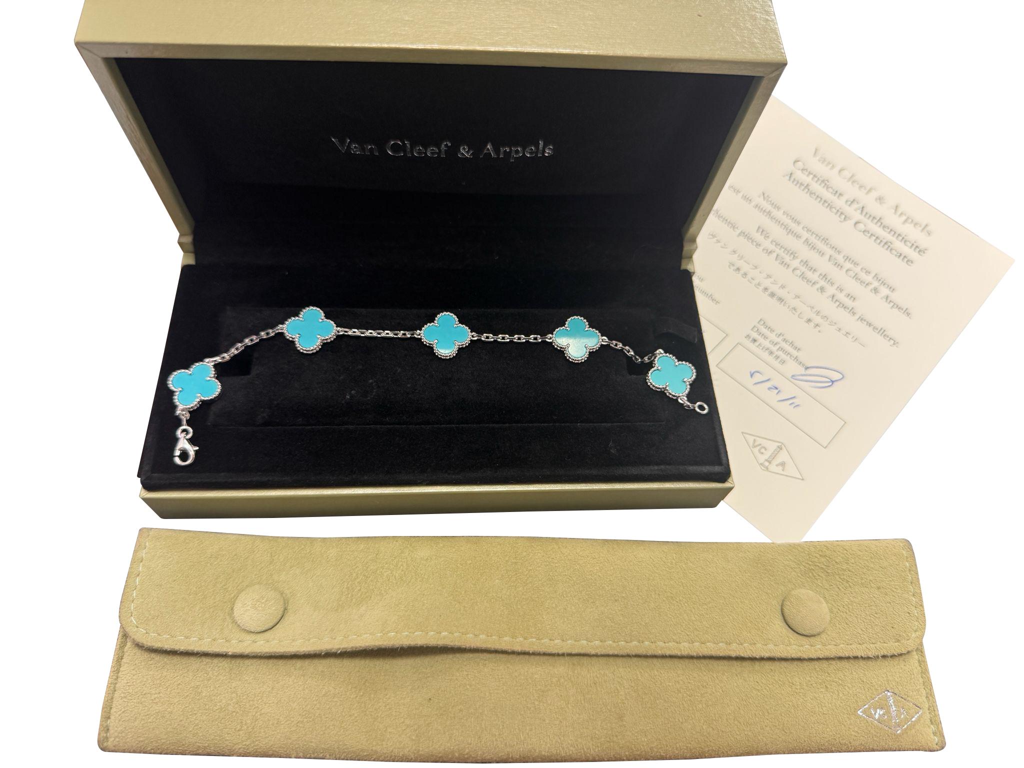 Van Cleef & Arpels Vintage Alhambra Türkis 5 Motiv Armband 18K Weißgold Damen im Angebot