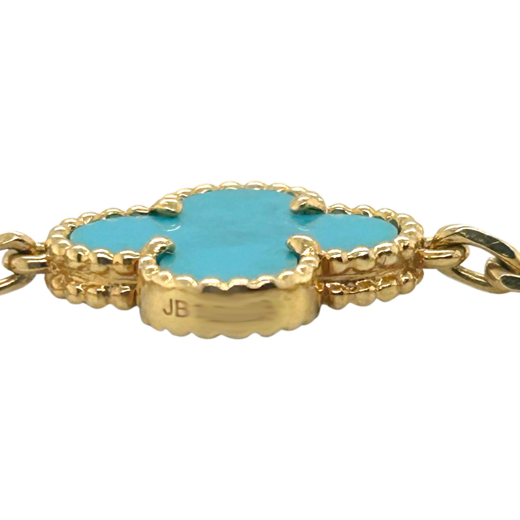 Designer:  Van Cleef & Arpels 

Collection:  Vintage Alhambra

Style: Bracelet

​​​​​​​Bracelet Motifs: 5

Stone: Turquoise

Metal Type: Yellow Gold  

Metal Purity: 18K 

Hallmarks: VCA; Serial #

​Includes: 24-Month Brilliance Jewels Warranty

   
