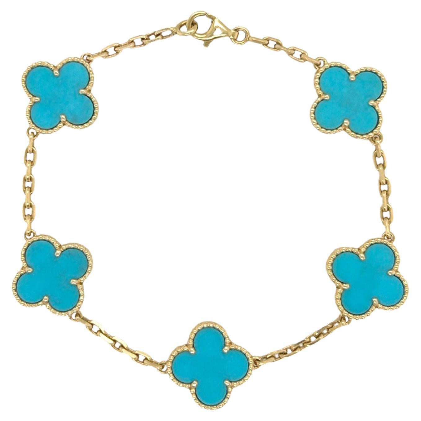 Van Cleef & Arpels Vintage Alhambra Turquoise 5 Motif Gold Bracelet