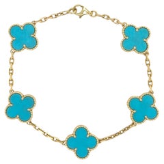 Van Cleef & Arpels Vintage Alhambra Turquoise 5 Motif Gold Bracelet