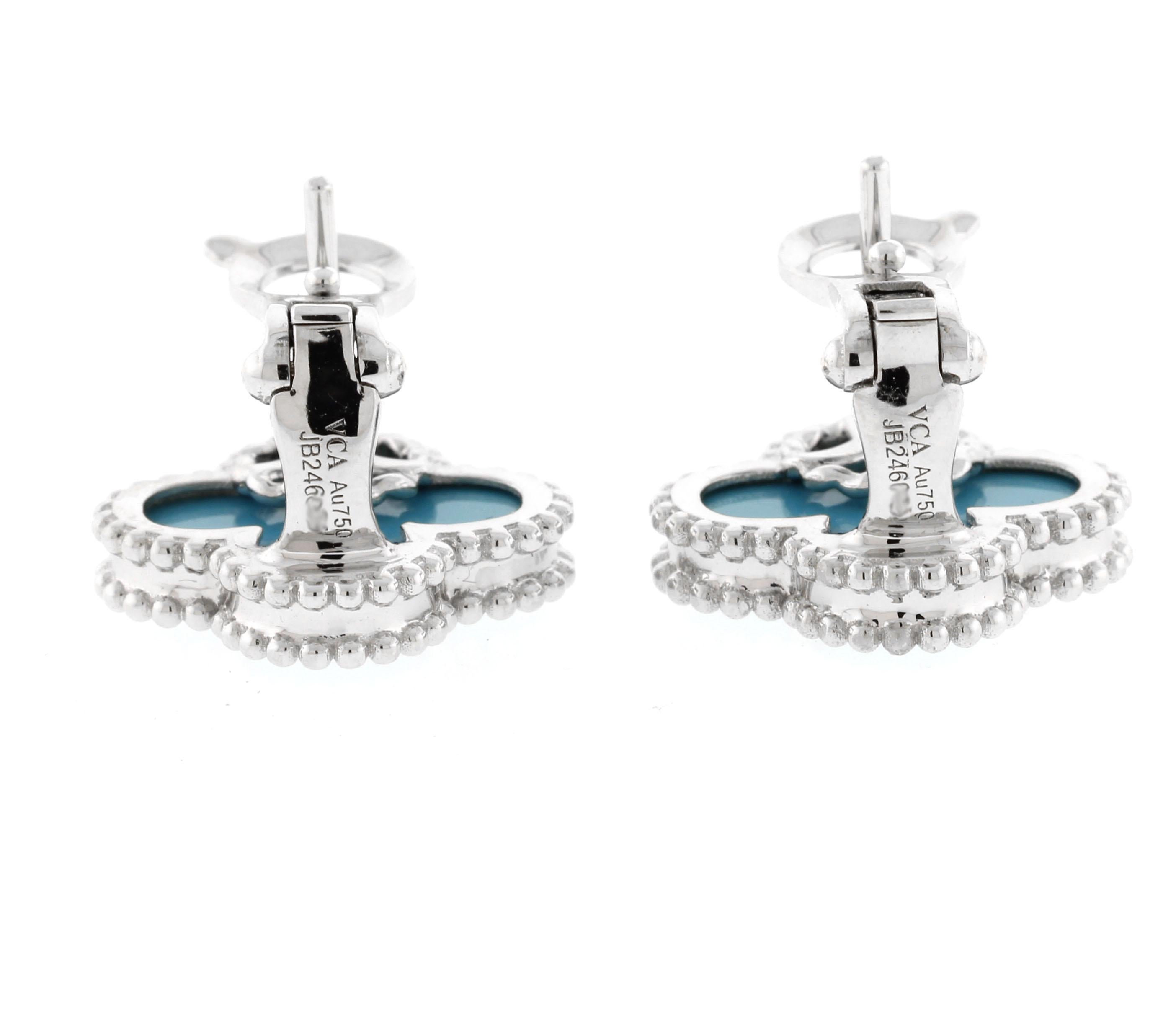 The Van Cleef & Arpels Vintage Alhambra Turquoise Earrings are a striking embodiment of the Maison's dedication to timeless elegance and exceptional craftsmanship. Crafted from 18k yellow gold, these earrings showcase the iconic four-leaf clover