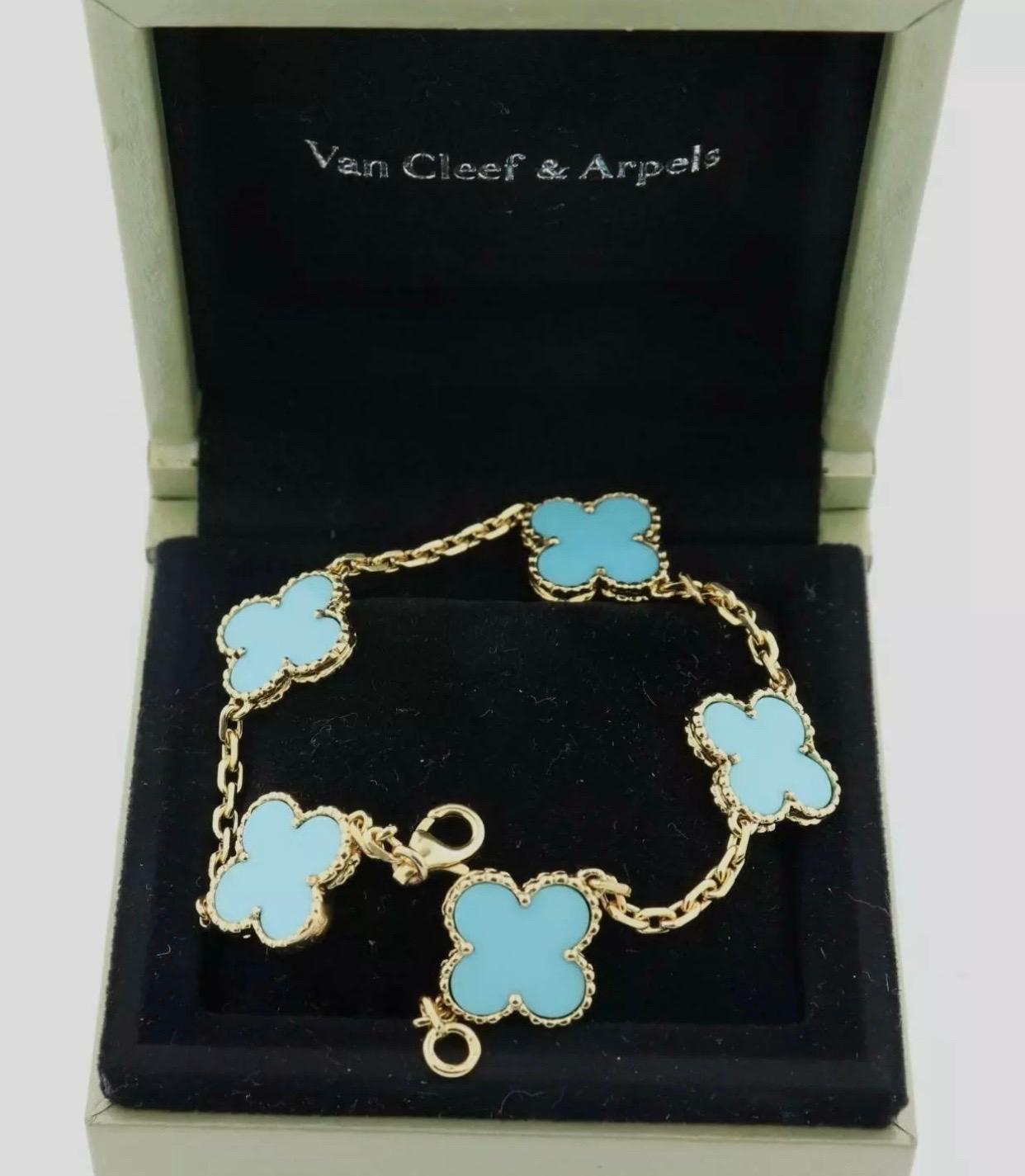 Designer: Van Cleef & Arpels

Collection: Vintage Alhambra

Metal: Yellow Gold

Metal Purity: 18k

Stone: Turquoise

Length (inches): 7.5

Signature: VCA

Hallmark: 750 Serial Number (blocked for privacy)

