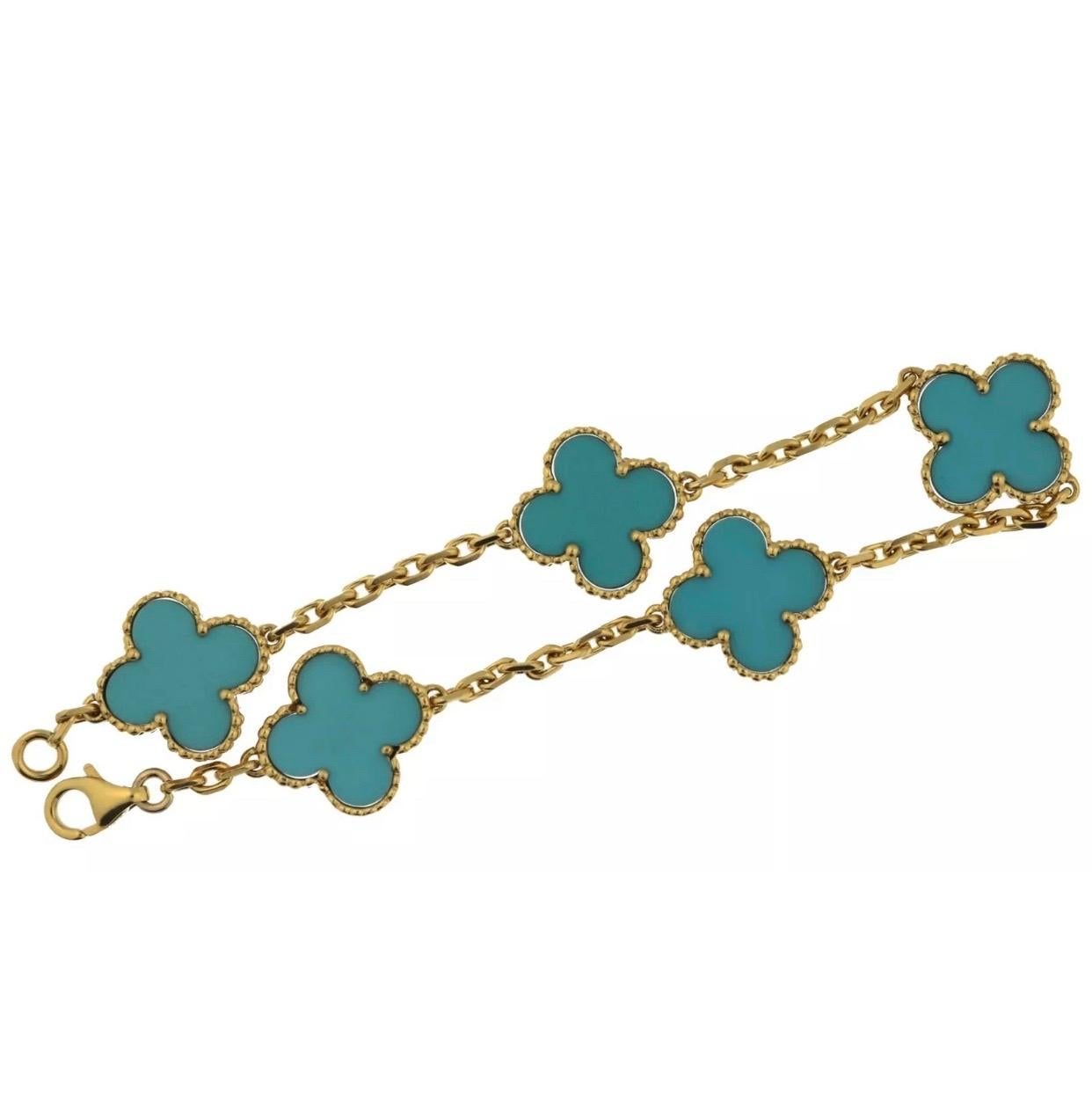 Van Cleef & Arpels Vintage Alhambra Turquoise White Gold 5 Motif Bracelet In Excellent Condition In Miami, FL