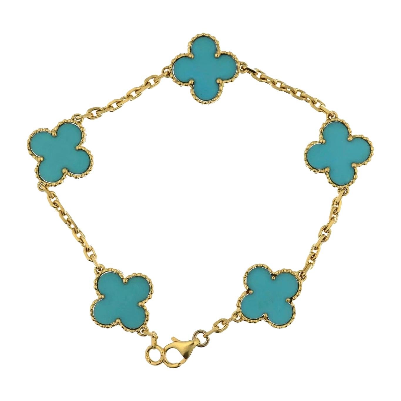 Van Cleef & Arpels Vintage Alhambra Turquoise White Gold 5 Motif Bracelet