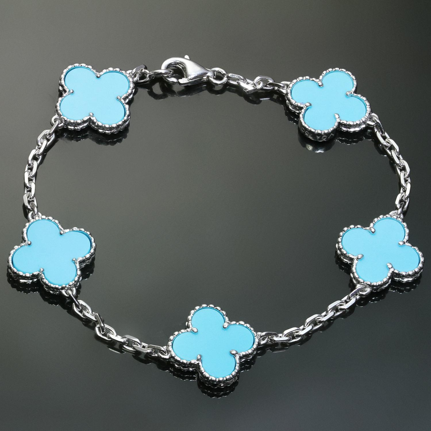 This rare Van Cleef & Arpels bracelet from the iconic Vintage Alhambra collection is crafted in 18k white gold and features 5 lucky clover motifs inlaid with blue turquoise in round bead settings. Made in France circa 2000s. Measurements: 0.59