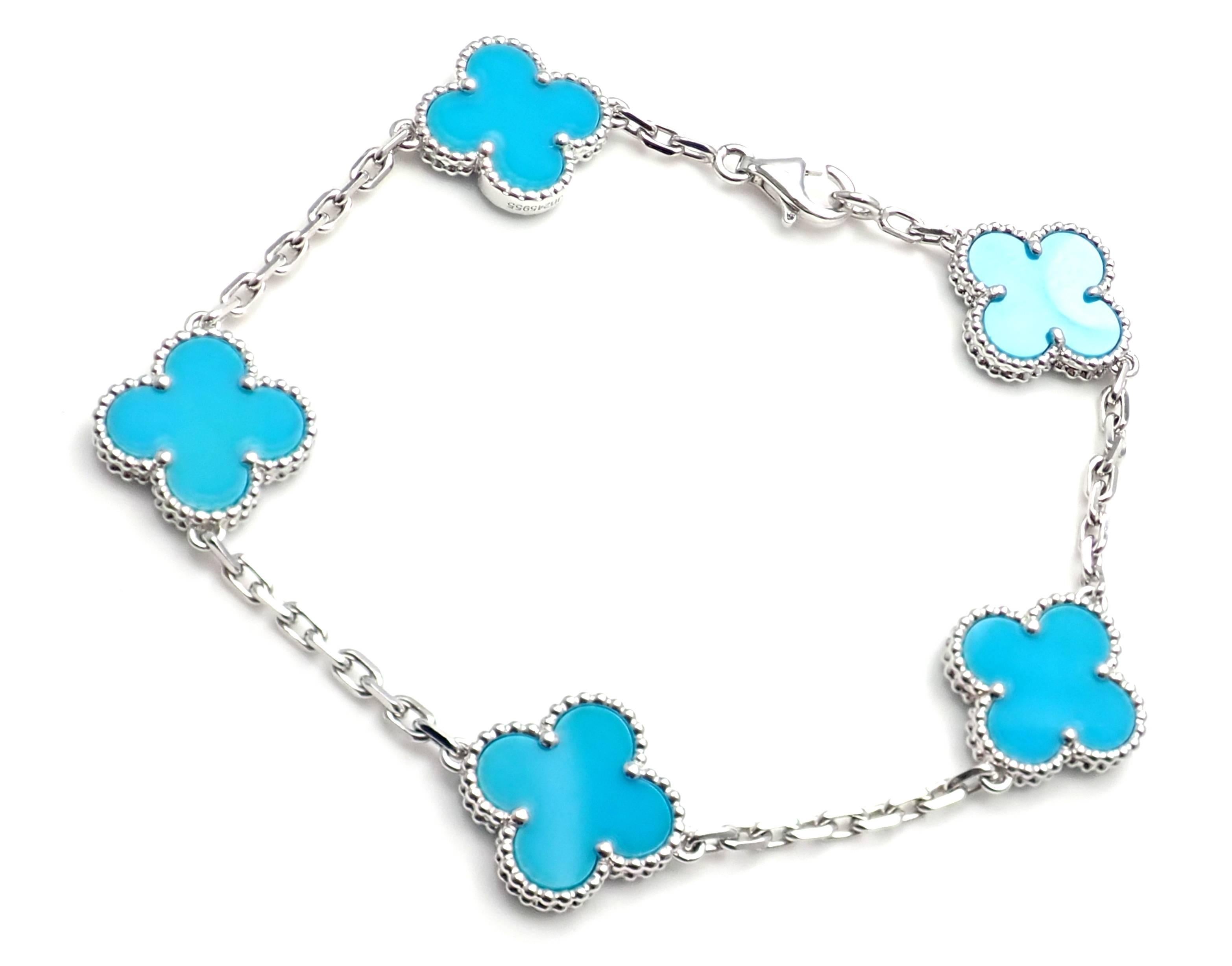 18k White Gold Vintage Turquoise Alhambra Bracelet from Van Cleef & Arpels.  
With 5 alhambra shape turquoise stones. 
This bracelet comes with Van Cleef & Arpels certificate and a box.
Details:  
Length: 7.5'' 
Weight: 11.8 grams
Stamped Hallmarks:
