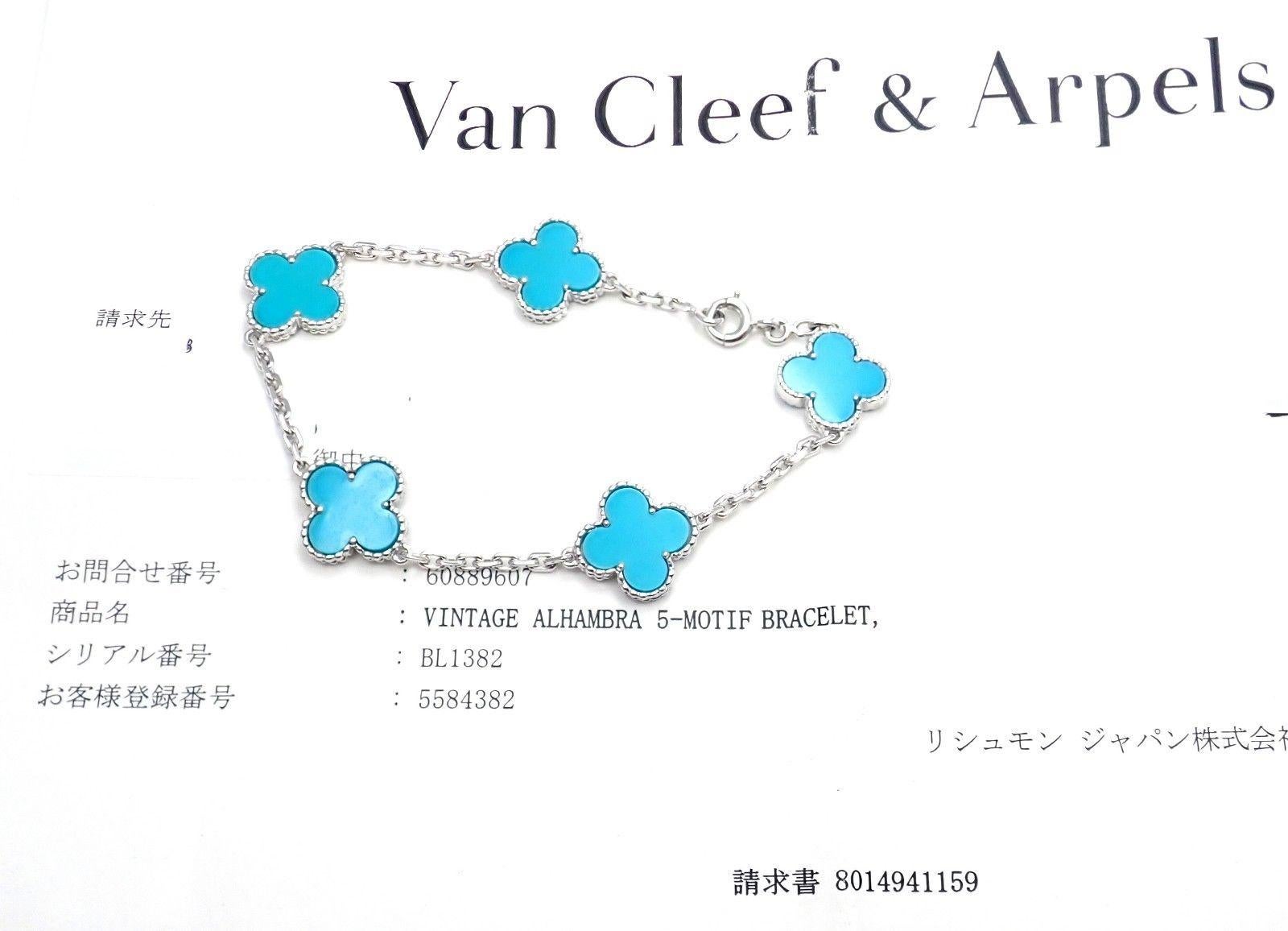 18k White Gold Vintage Turquoise Alhambra Bracelet from Van Cleef & Arpels.  
With 5 alhambra shape turquoise stones. 
This bracelet comes with Van Cleef & Arpels service paper and a box.
Details:  
Length: 7.5'' 
Weight: 11.2 grams
Stamped