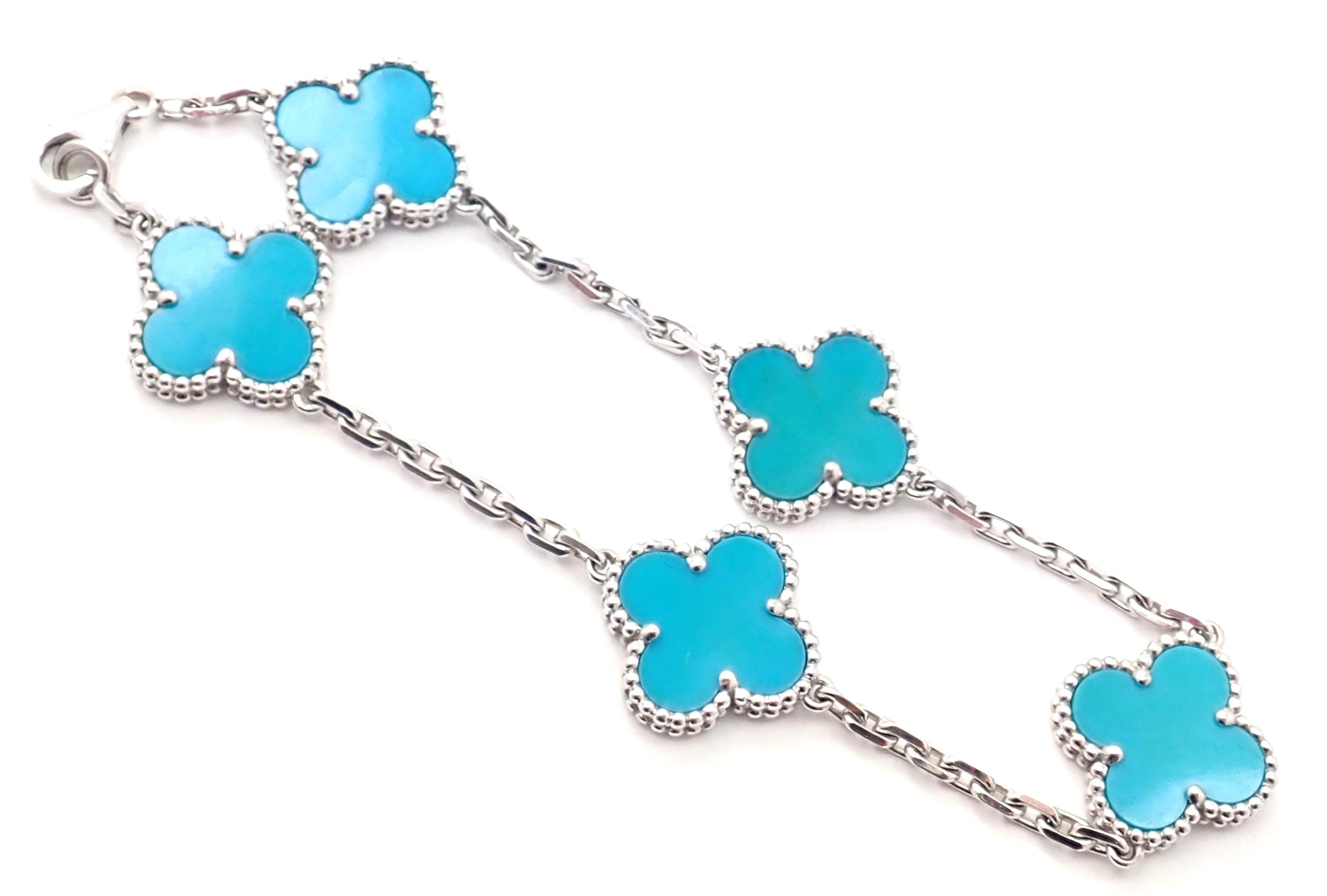 18k White Gold Vintage Turquoise Alhambra Bracelet from Van Cleef & Arpels.  
With 5 alhambra shape turquoise stones. 
Details:  
Length: 7.5'' 
Weight: 11.2 grams
Stamped Hallmarks: VCA 750 JB1XXXXX(serial number omitted)
*Free Shipping within the