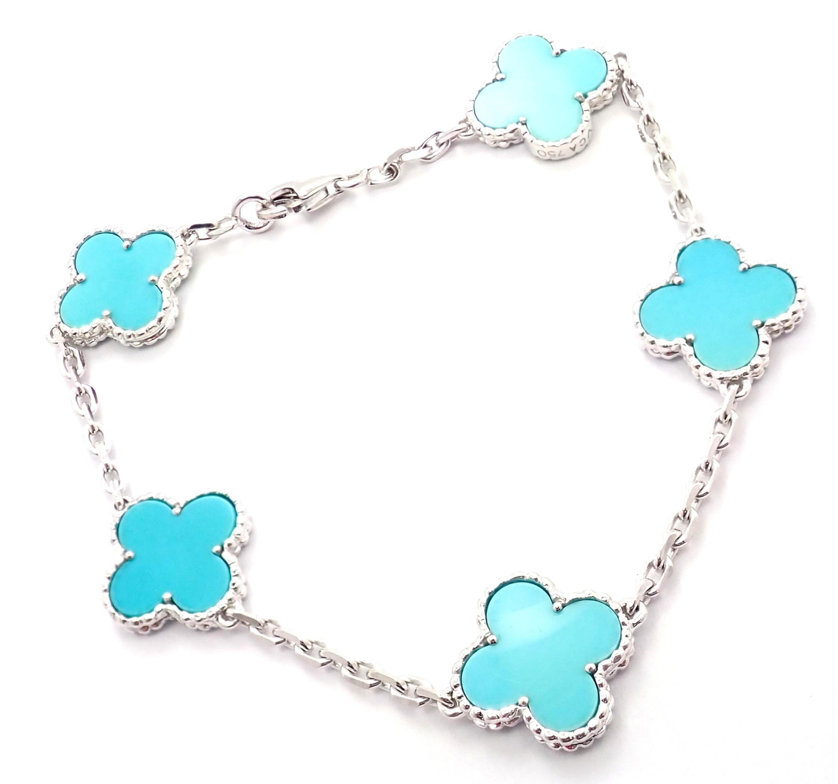 18k White Gold Vintage Turquoise Alhambra Bracelet from Van Cleef & Arpels.  
With 5 alhambra shape turquoise stones. 
This bracelet comes with Van Cleef & Arpels box and service paper from a VCA store.
Details:  
Length: 7.25'' 
Weight: 10.8