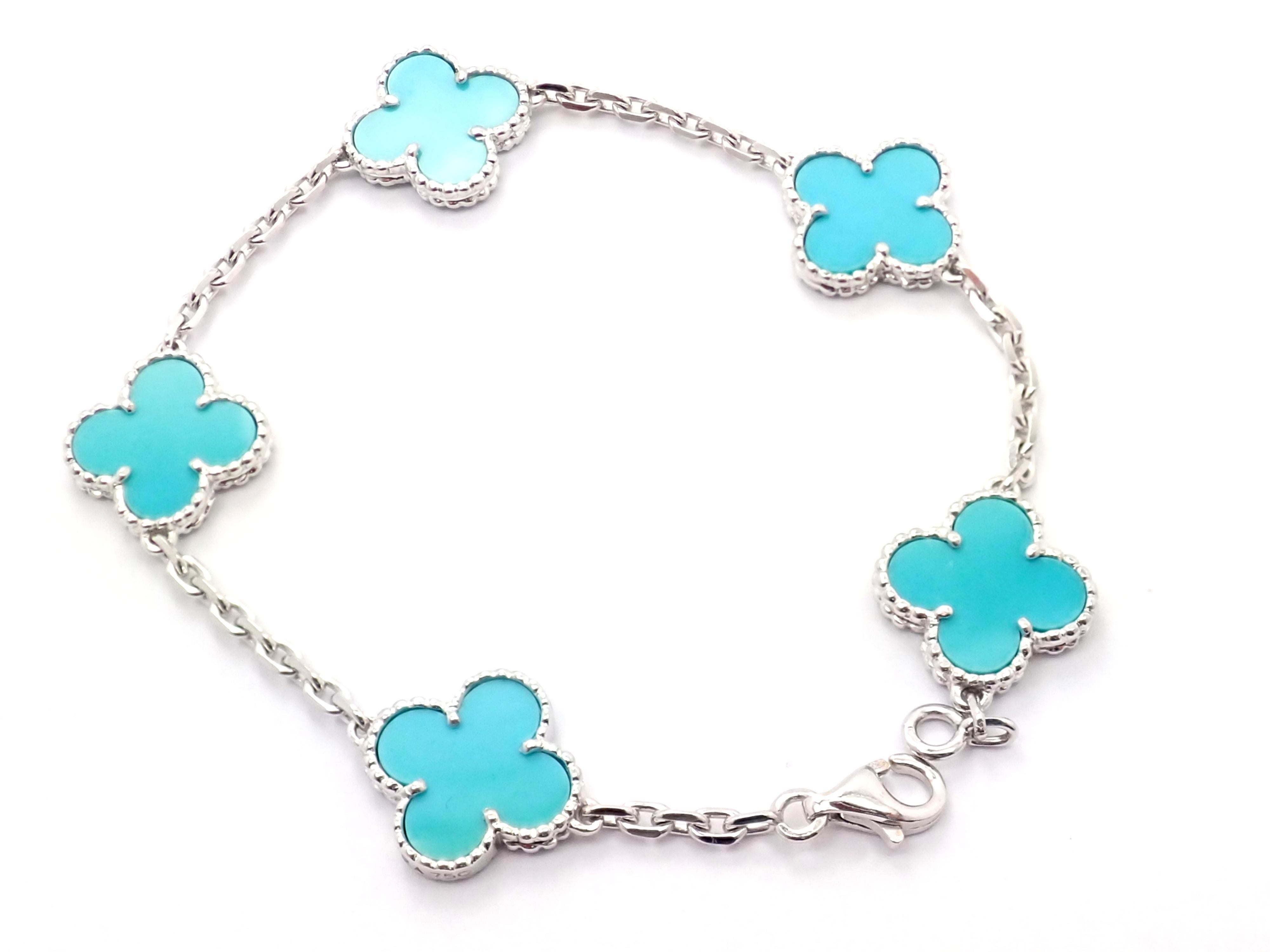 Van Cleef & Arpels Vintage Alhambra Turquoise White Gold Bracelet In Excellent Condition In Southampton, PA