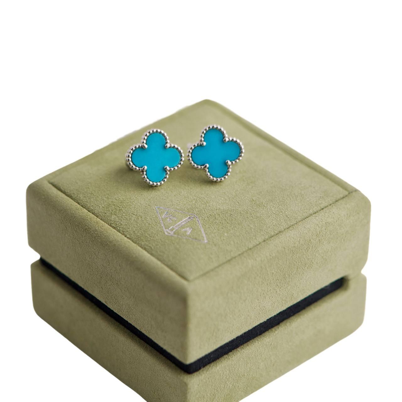 Women's or Men's Van Cleef & Arpels Vintage Alhambra Turquoise White Gold Earrings