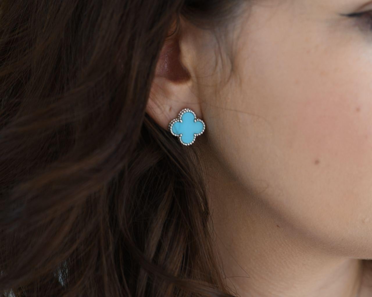 Uncut Van Cleef & Arpels Vintage Alhambra Turquoise White Gold Earrings