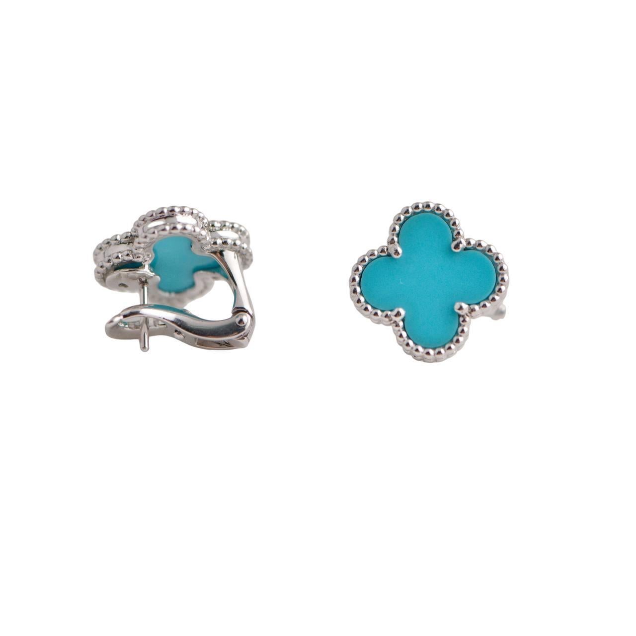 Van Cleef & Arpels Vintage Alhambra Turquoise White Gold Earrings 1