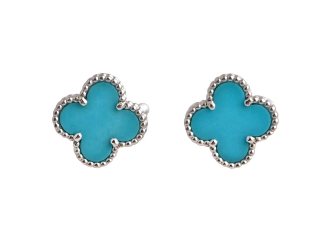 Van Cleef & Arpels Vintage Alhambra Turquoise White Gold Earrings 2