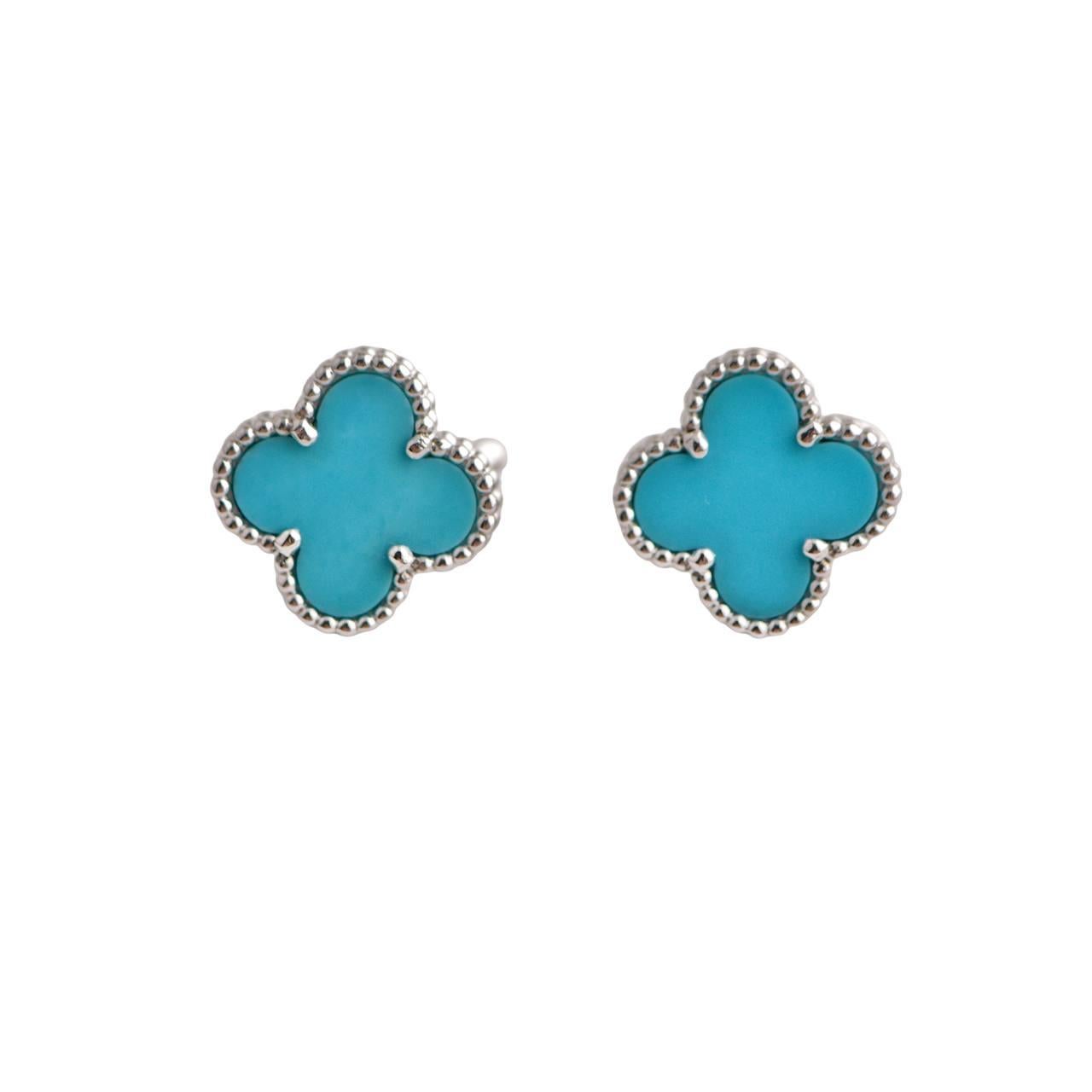 Van Cleef & Arpels Vintage Alhambra Turquoise White Gold Earrings 3