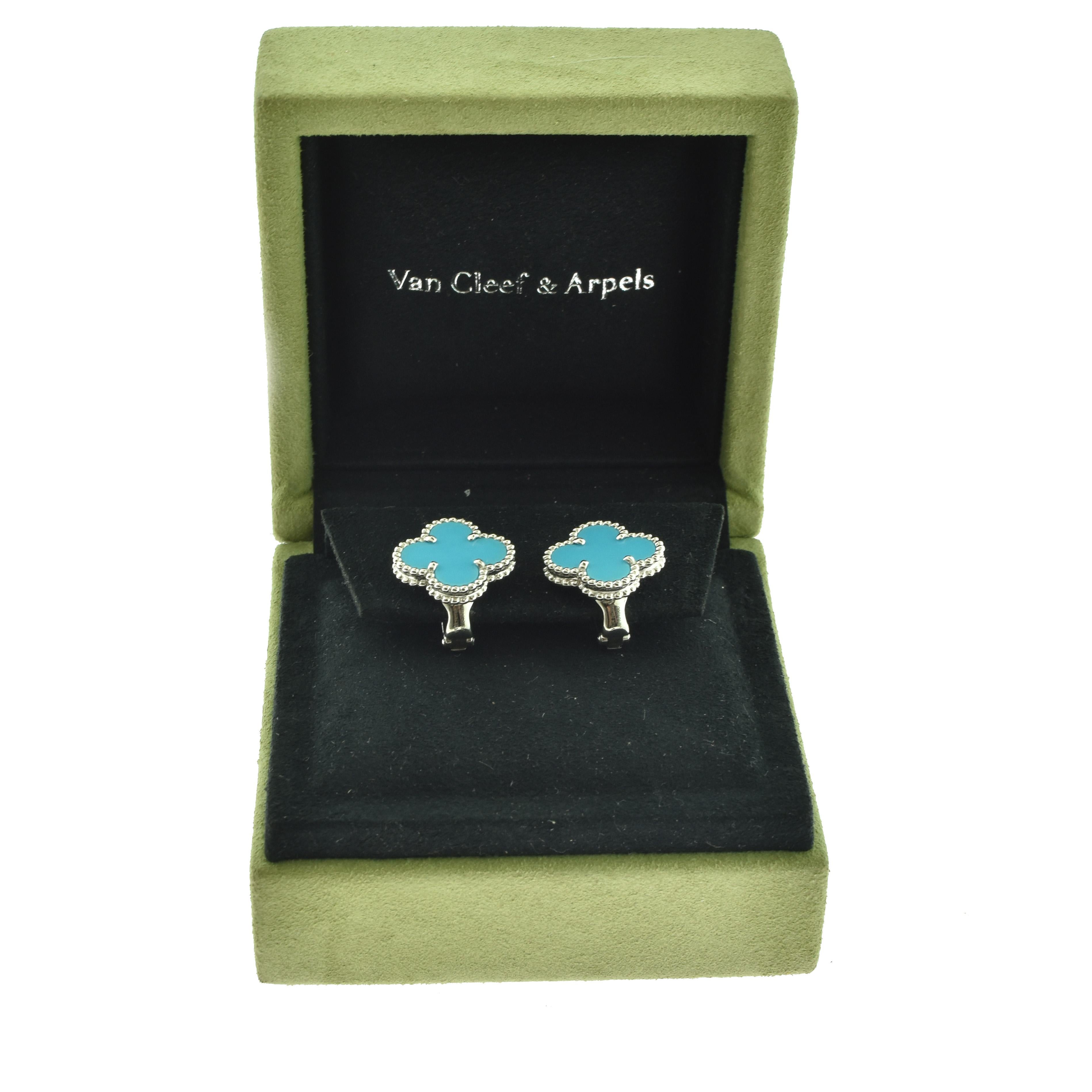 Designer: Van Cleef & Arpels

Collection: Vintage Alhambra

Style: 1 Motif Studs

Stones: Turquoise Onyx 

Metal Type: White Gold

Metal Purity: 18k

Total Item Weight (grams): 8.0

Earring Dimensions: 12.87 mm x 14.82 mm

Closure: Omega Post Backs
