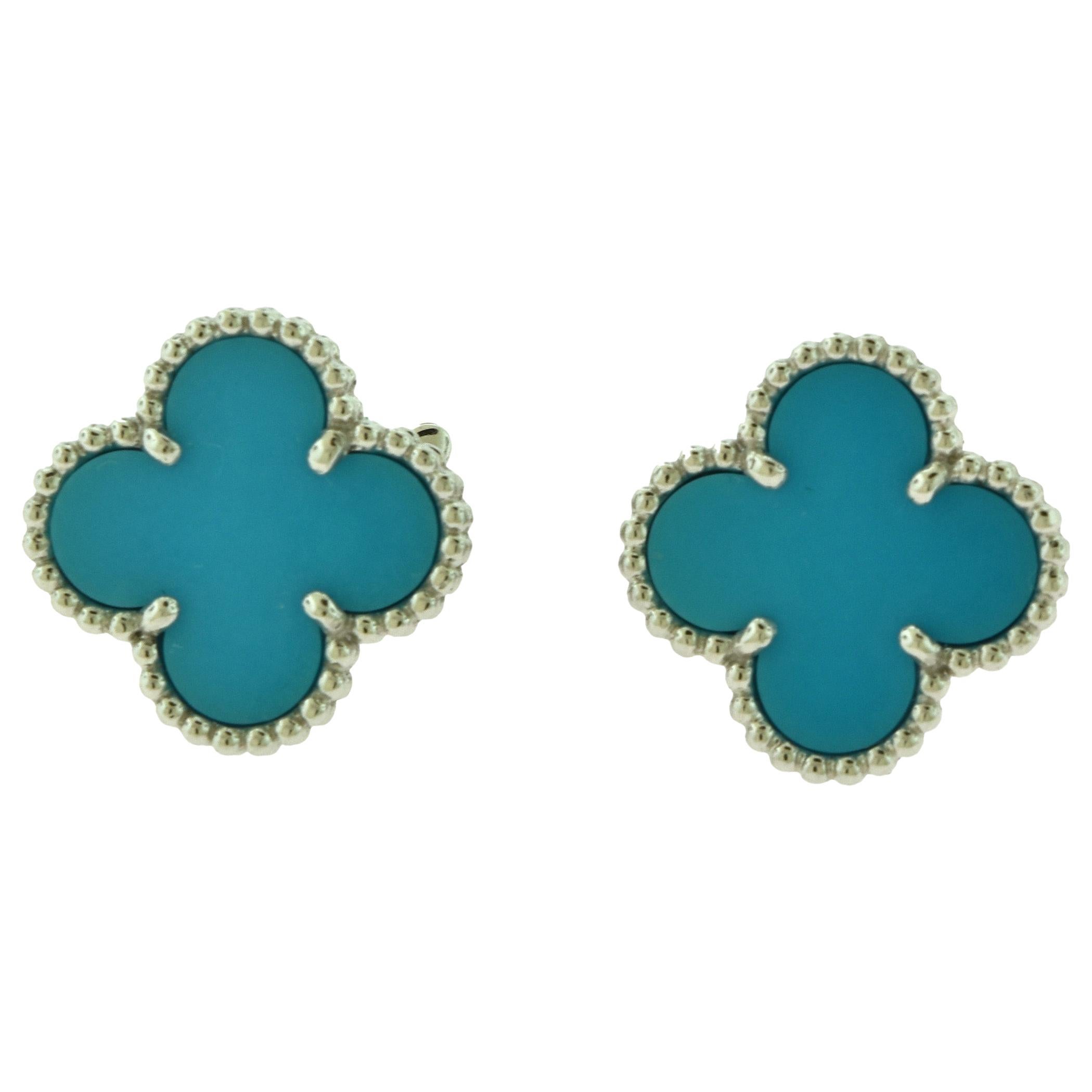 Van Cleef & Arpels Vintage Alhambra Turquoise White Gold Earrings, Rare