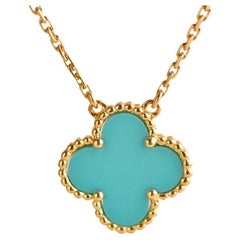 Van Cleef & Arpels Vintage Alhambra Turquoise Yellow 18K Gold Pendant Necklace