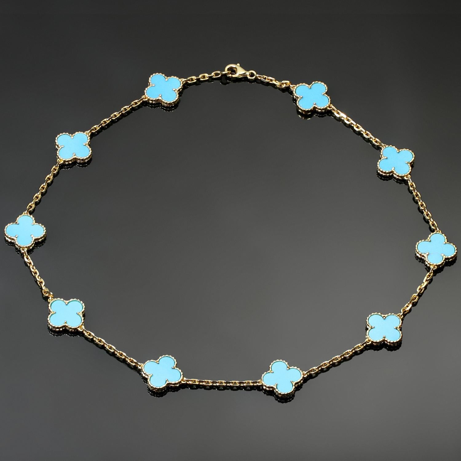 This very rare Van Cleef & Arpels necklace from the iconic Vintage Alhambra collection is crafted in 18k yellow gold and features 10 lucky clover motifs beautifully inlaid with blue turquoise in round bead settings. Made in France circa 2000s.