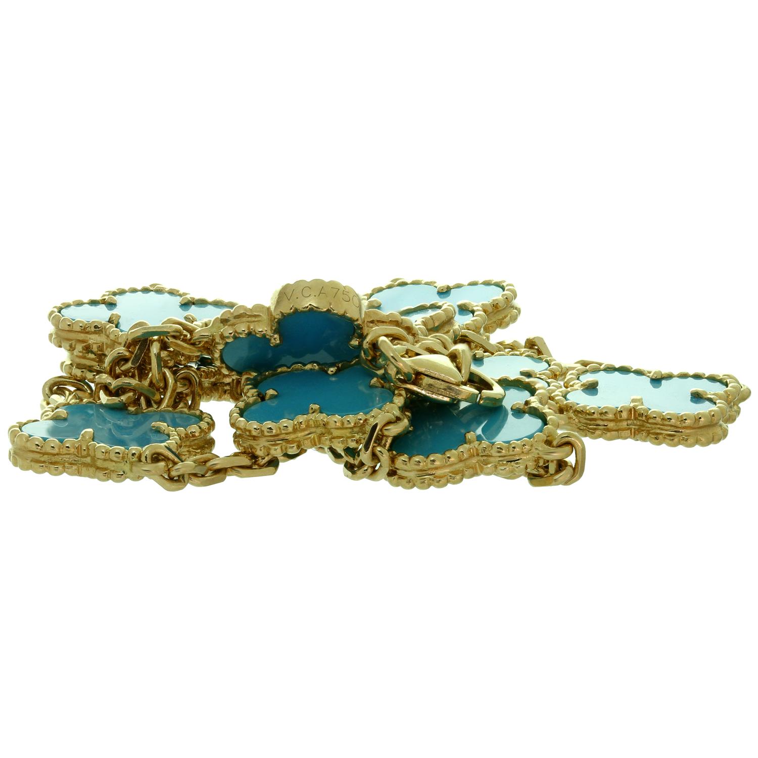 Van Cleef & Arpels Vintage Alhambra Turquoise Yellow Gold 10 Motif Necklace In Excellent Condition In New York, NY