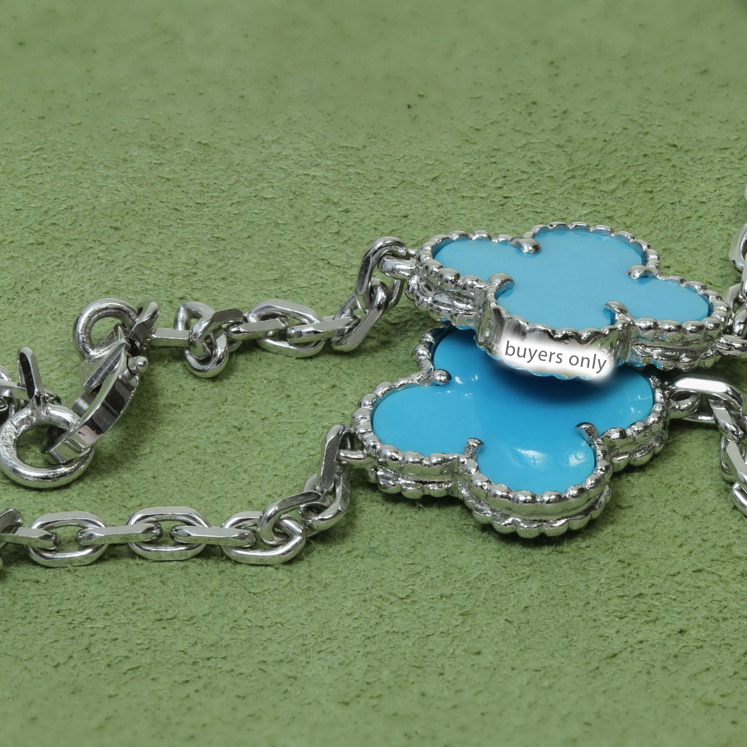 Mixed Cut Van Cleef & Arpels Vintage Alhambra Turquoise White Gold 10 Motif Necklace For Sale